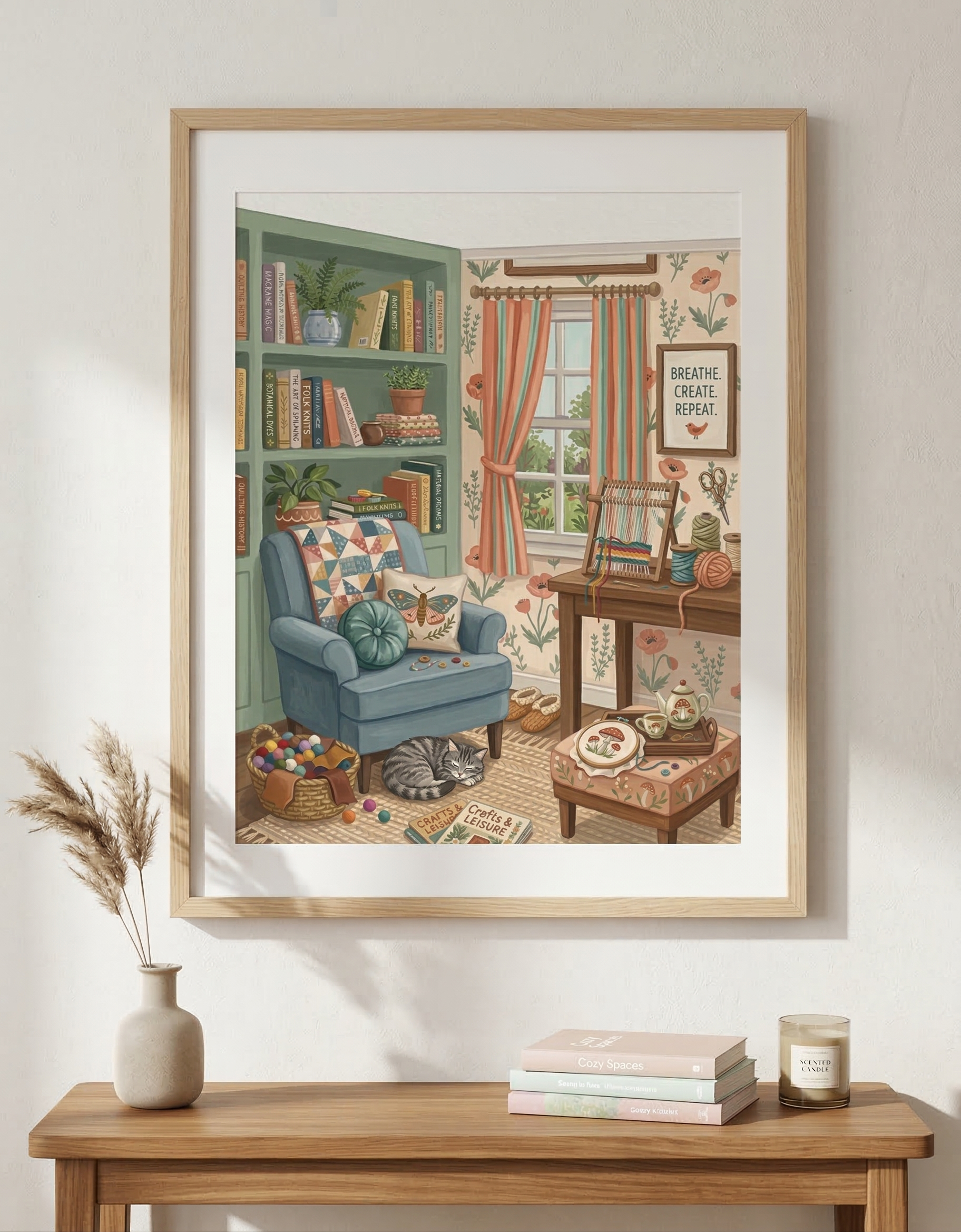 Homely Knitting Nook Poster Rolled Posters | Cat, Armchair, Bookshelf