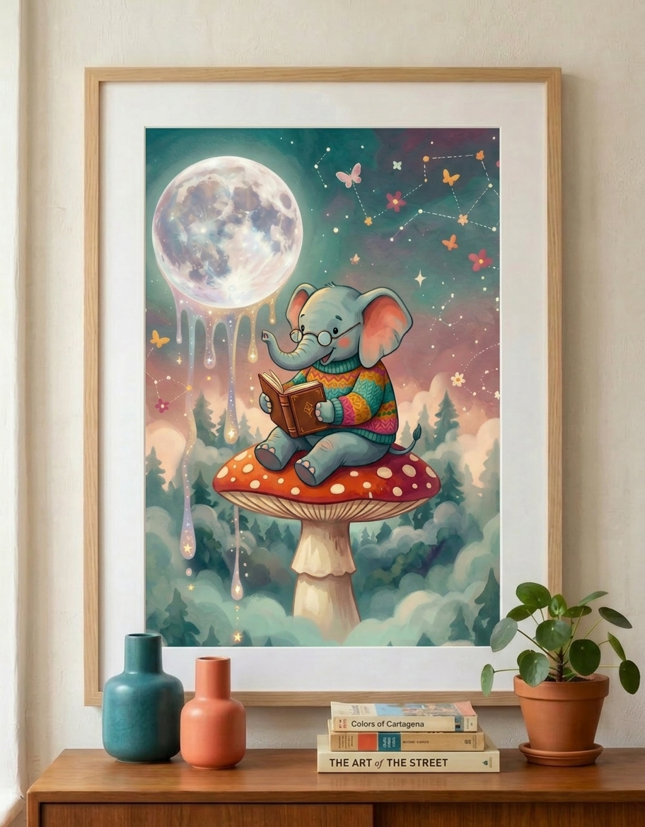 Elephant Reading on Mushroom Rolled Posters | Whimsical Night Sky Illustration