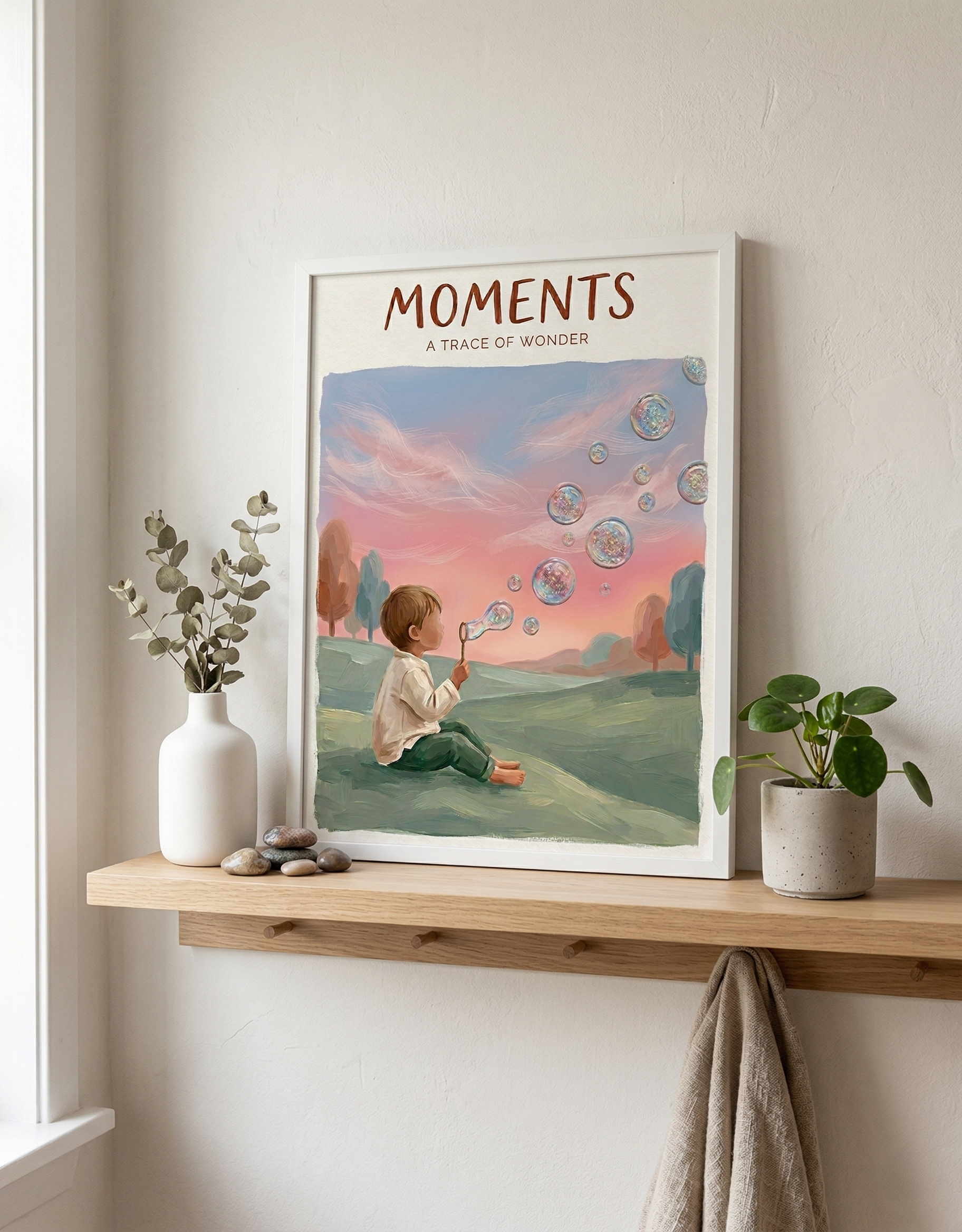 Moments A Trace of Wonder poster Rolled Poster | Child blowing bubbles illustration