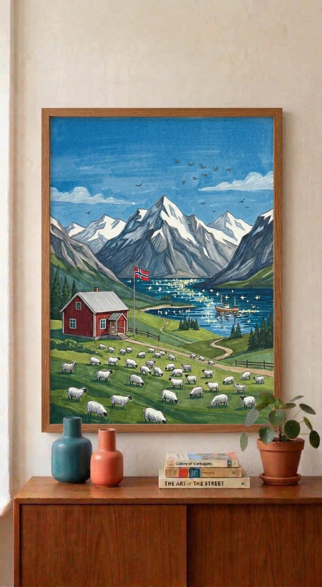 Norwegian Fjord Sheep Pasture Rolled Poster | Mountain Lake Landscape