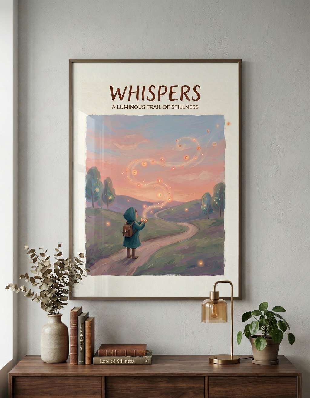 Whispers luminous trail illustration Rolled Poster | dreamy landscape, glowing lights
