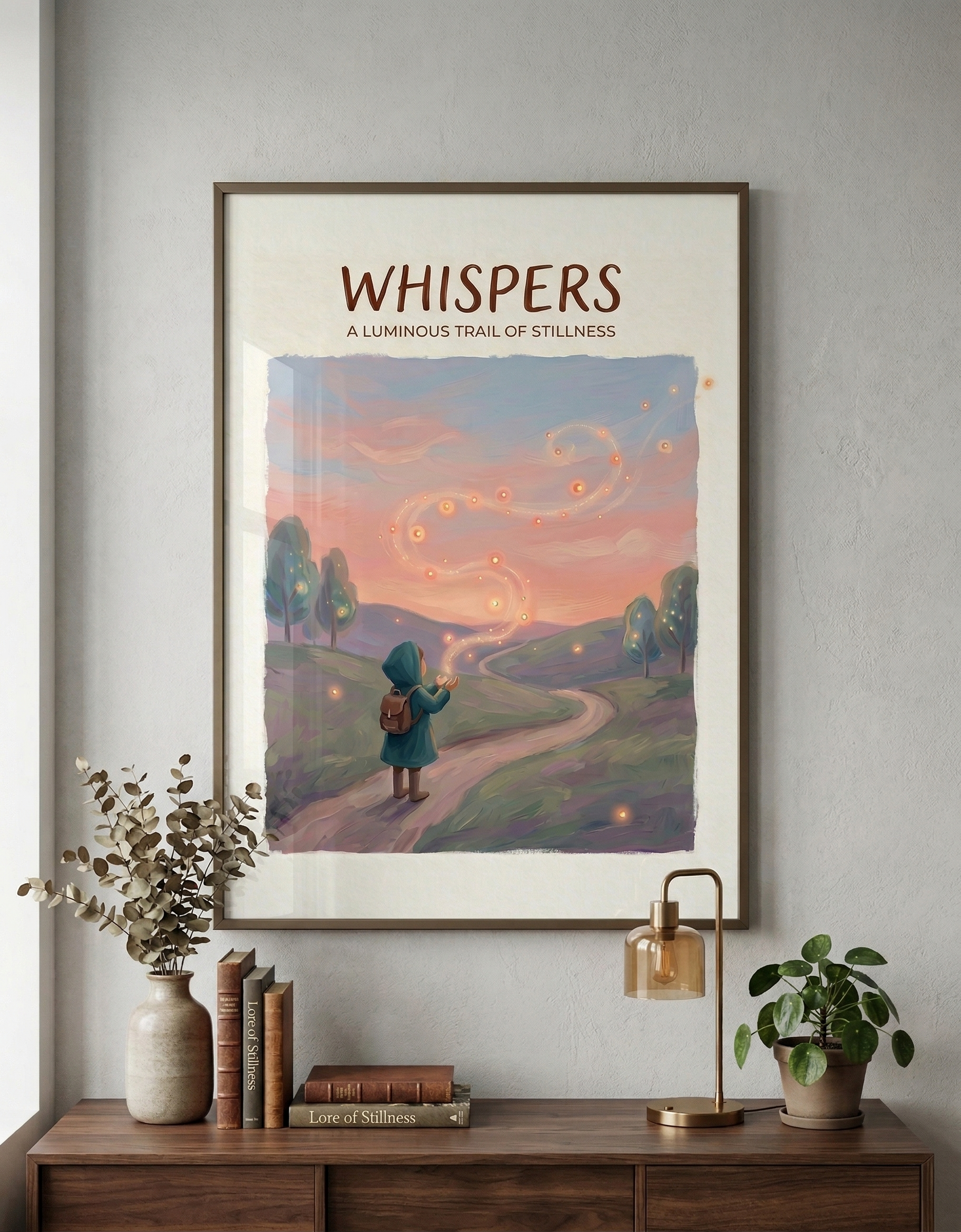 Whispers luminous trail illustration Rolled Poster | dreamy landscape, glowing lights