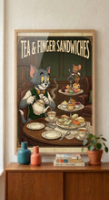Cat & Mouse Tea and Finger Sandwiches Poster | Vintage Cartoon Tea Party Wall Art