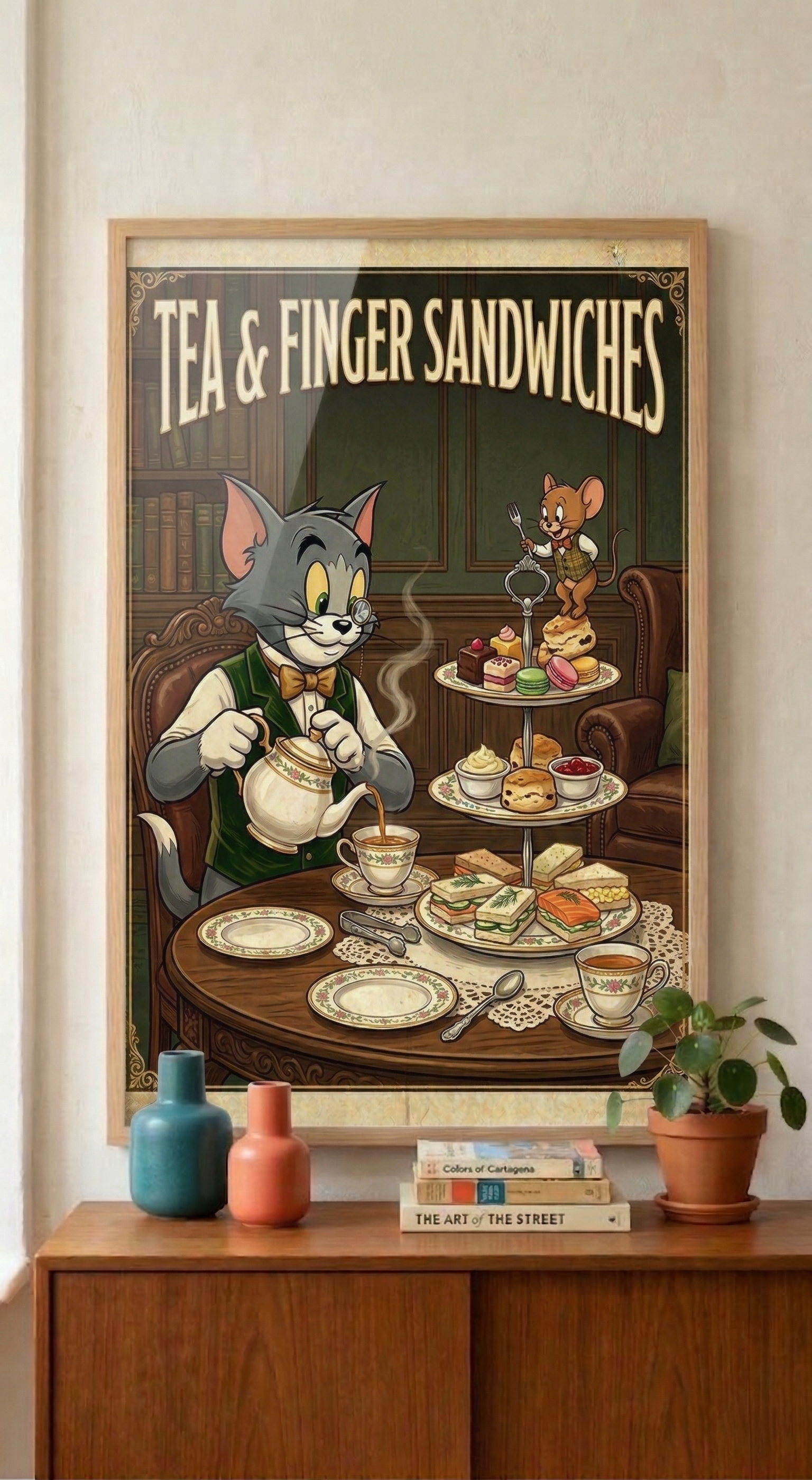 Cat & Mouse Tea and Finger Sandwiches Poster | Vintage Cartoon Tea Party Wall Art