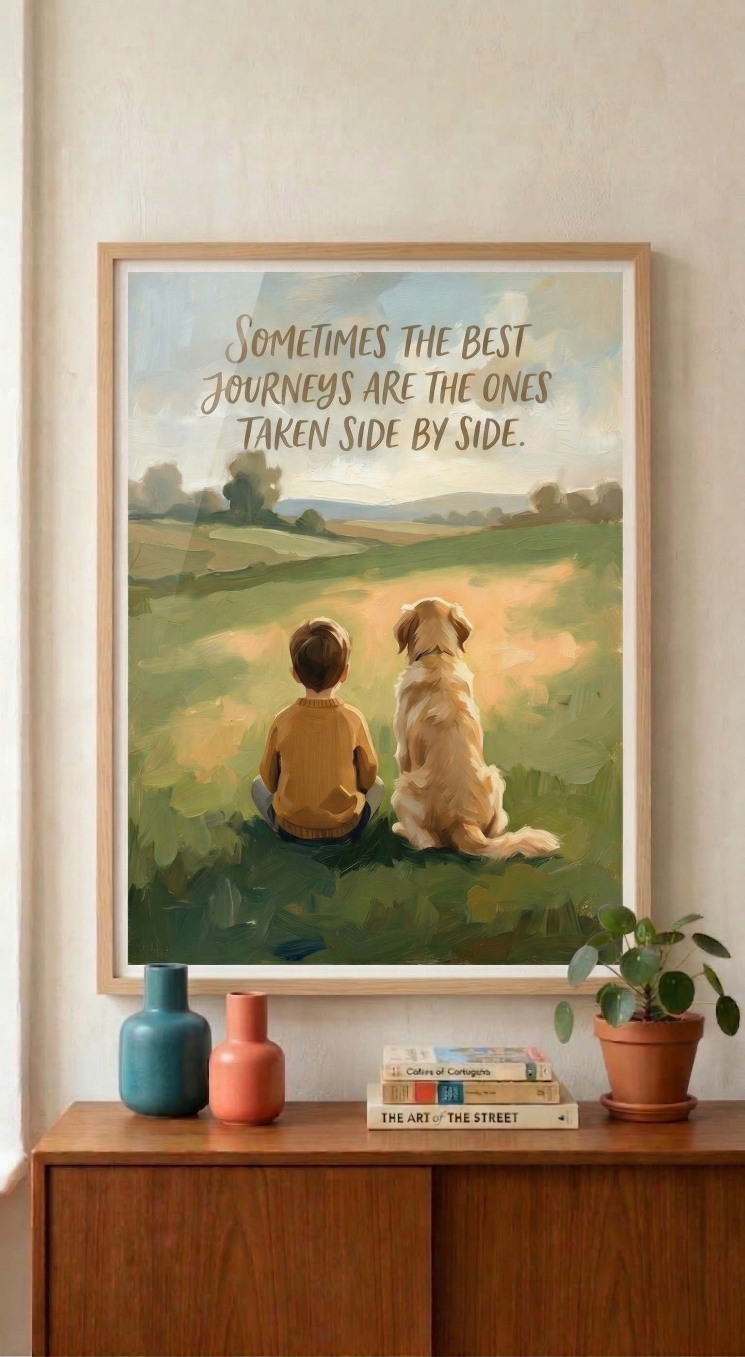 Boy and Dog Watching Sunset Rolled Poster | Minimalistic acrylic art poster