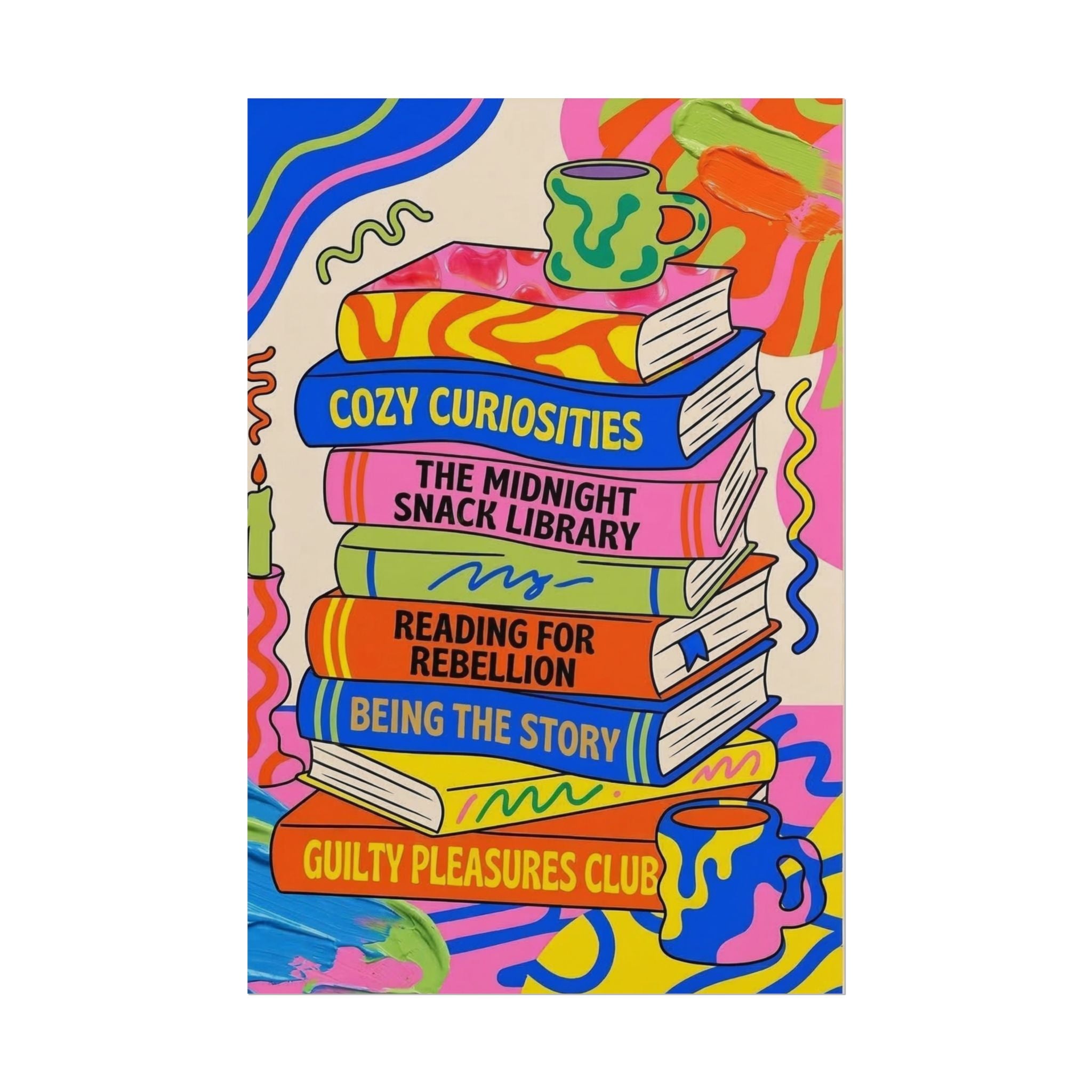 Cozy Curiosities Book Stack Rolled Poster | Colorful Reading Art Print