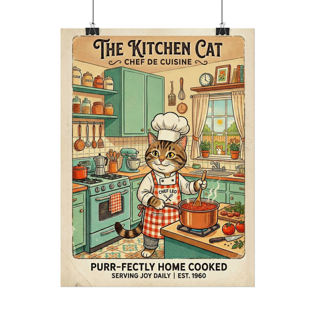 The Kitchen Cat retro kitchen Poster | Vintage kitchen cat chef poster