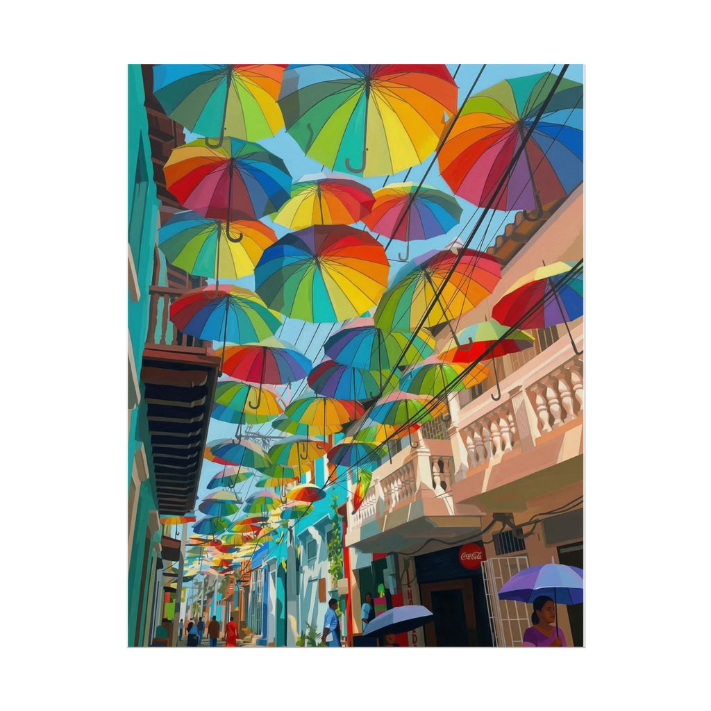 Colorful Hanging Umbrellas Rolled Poster | Rainbow Street Art Print