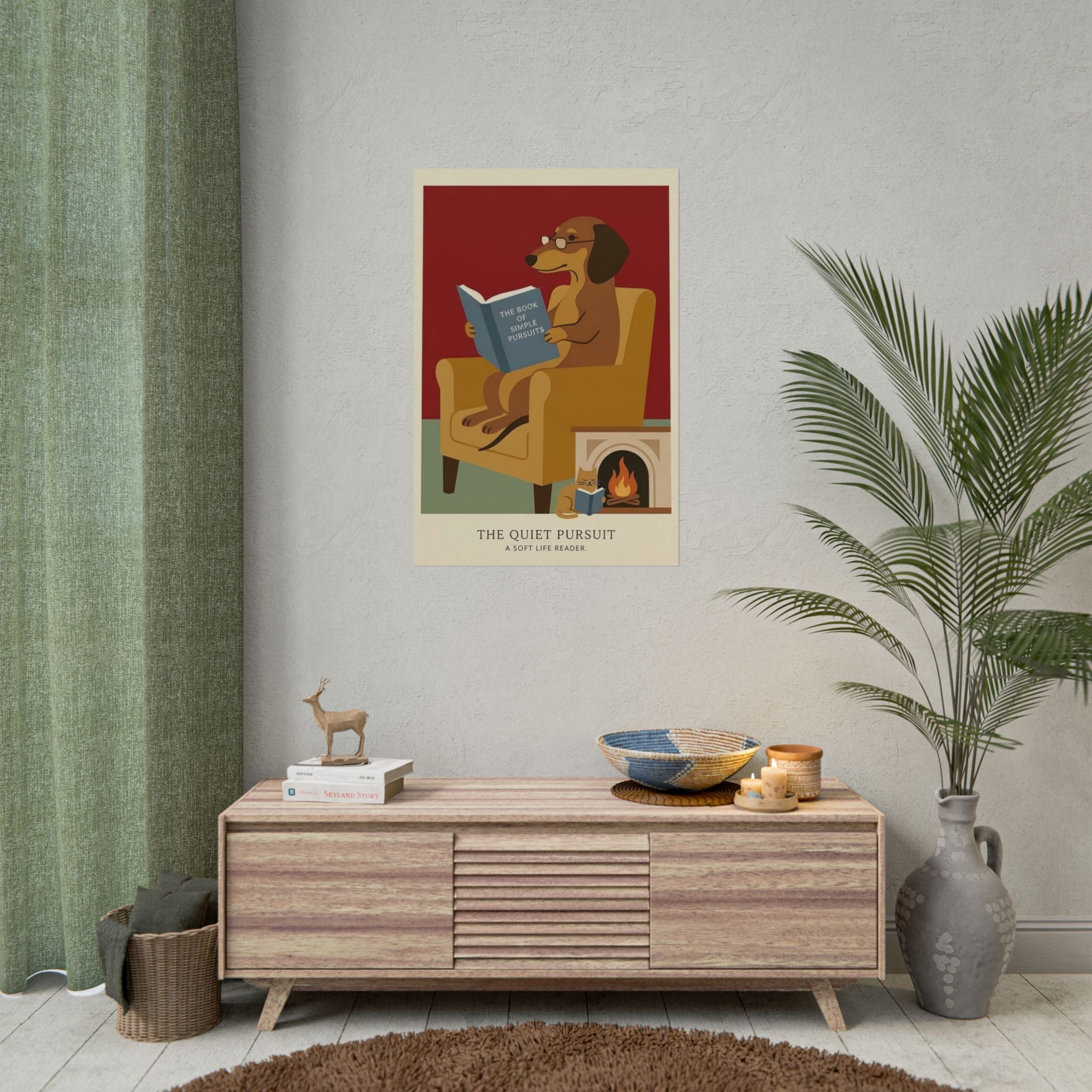 The Quiet Pursuit Reading Dog Rolled Poster | Booklover Wall Art, Fireplace Illustration