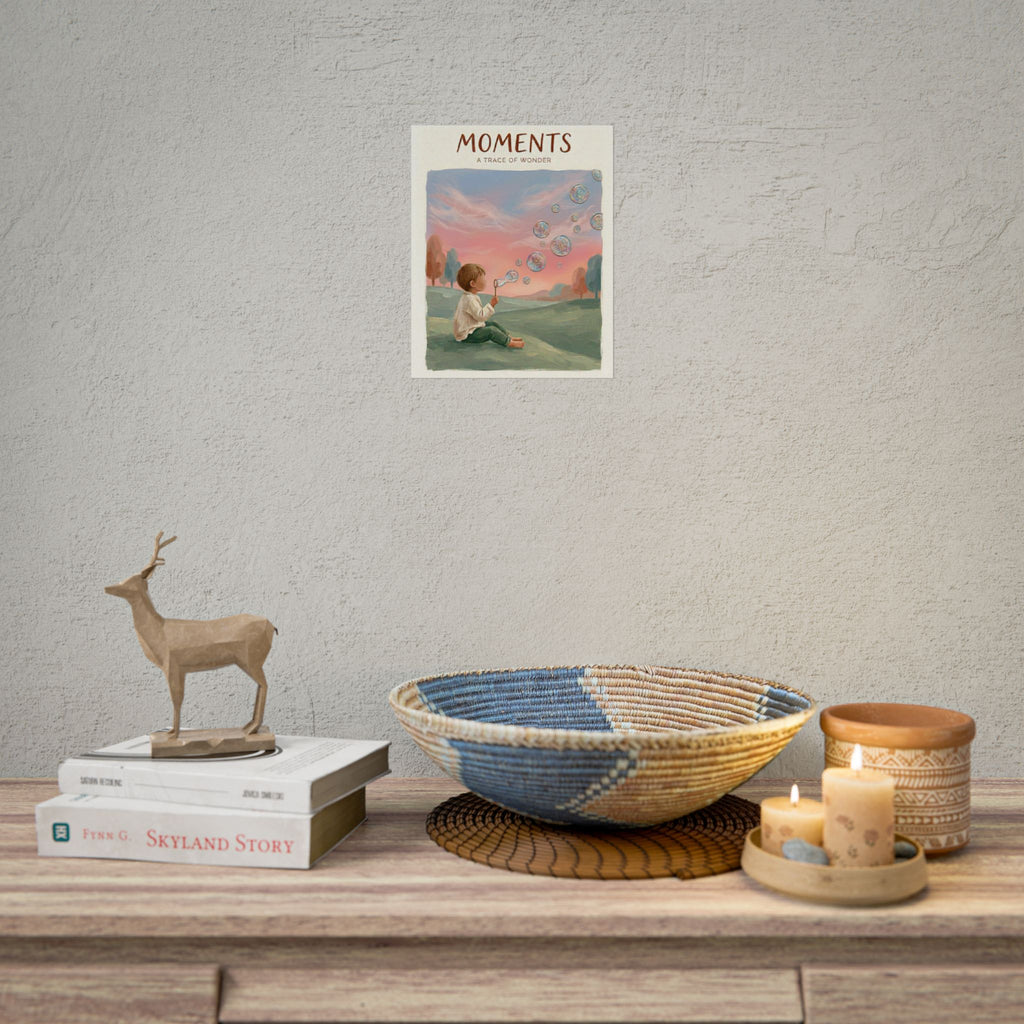 Moments A Trace of Wonder poster Rolled Poster | Child blowing bubbles illustration