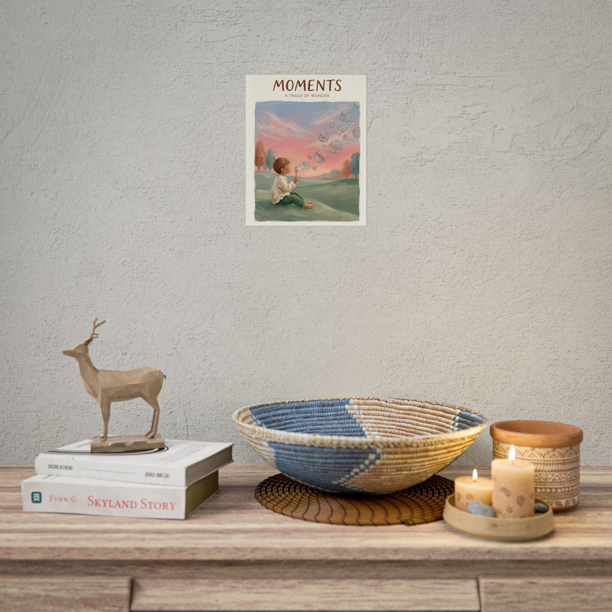 Moments A Trace of Wonder poster Rolled Poster | Child blowing bubbles illustration