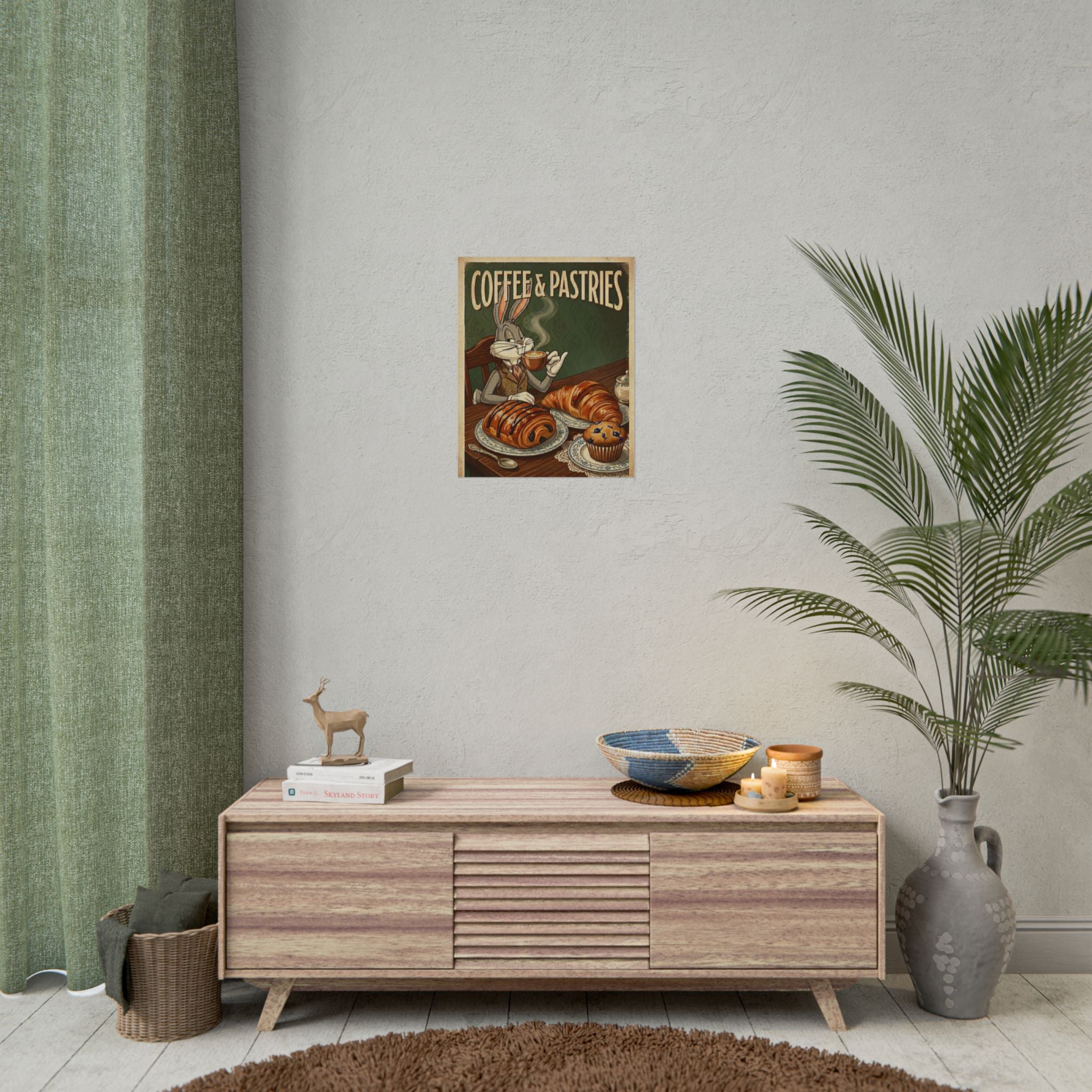 Coffee & Pastries Bugs Bunny Rabbit Rolled Poster | Vintage Bunny Cafe Wall Art