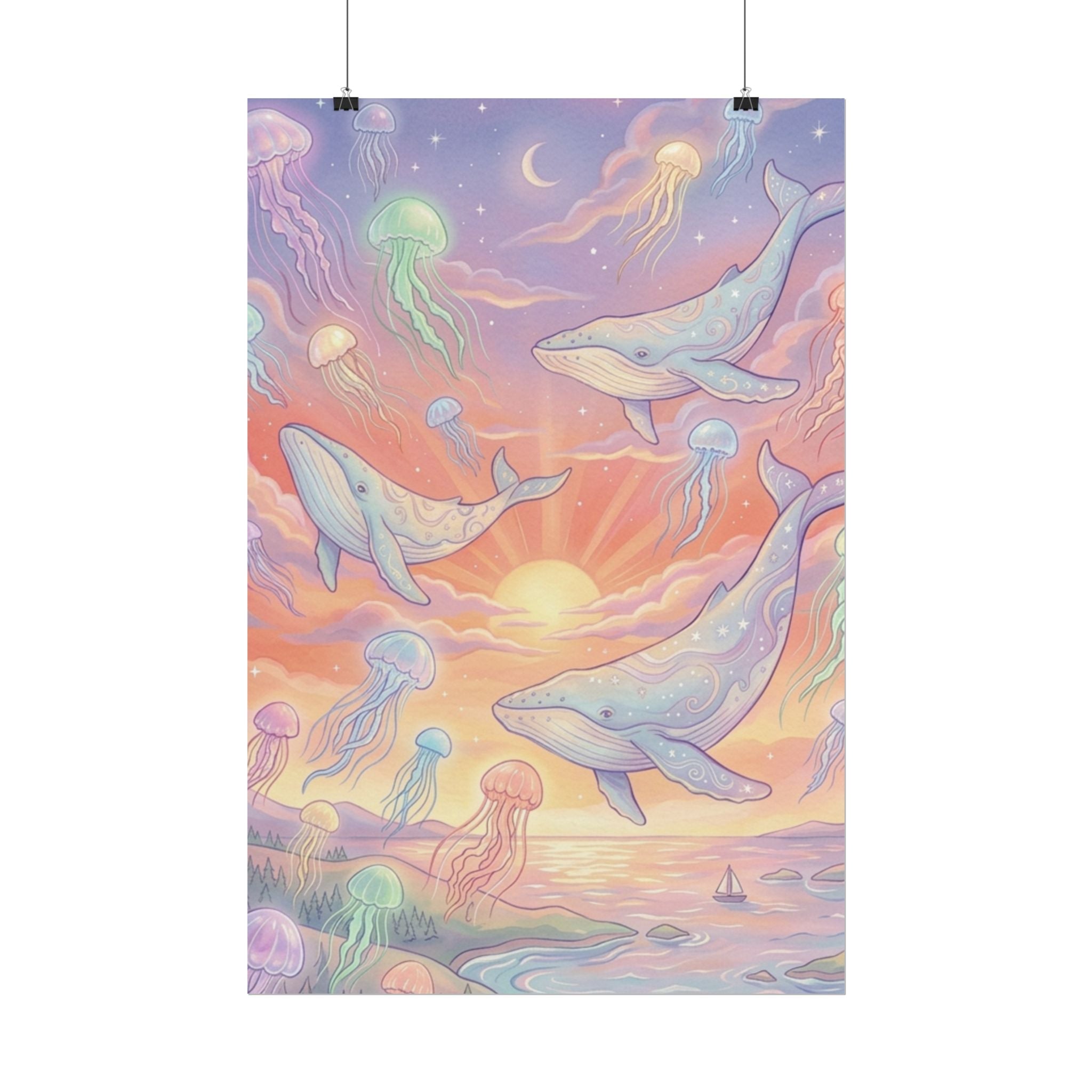 Whale and Jellyfish Sunset Whimsical Rolled Poster | Ocean Fantasy Wall Art