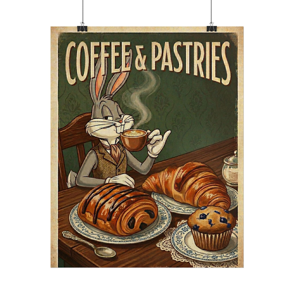 Coffee & Pastries Bugs Bunny Rabbit Rolled Poster | Vintage Bunny Cafe Wall Art