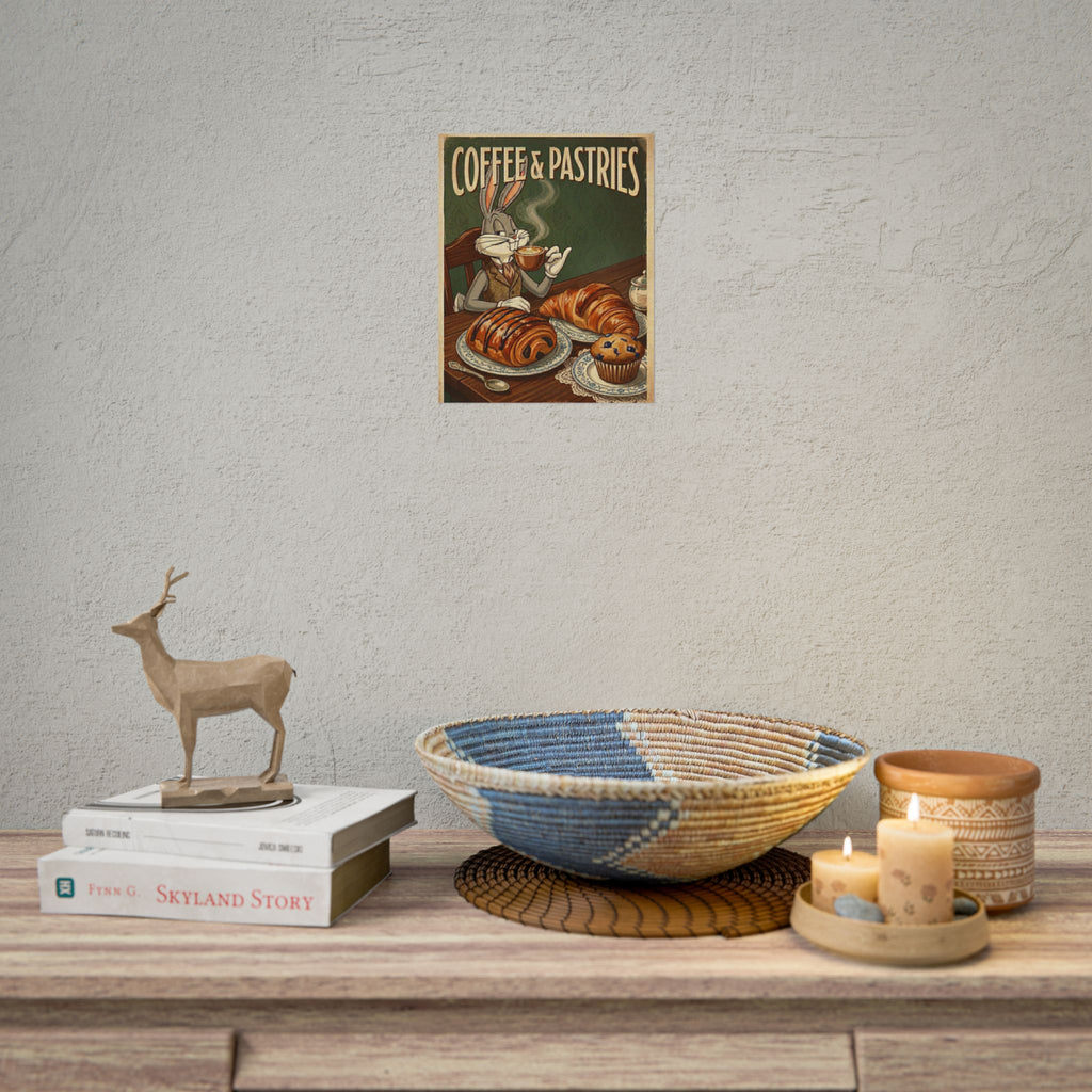 Coffee & Pastries Bugs Bunny Rabbit Rolled Poster | Vintage Bunny Cafe Wall Art