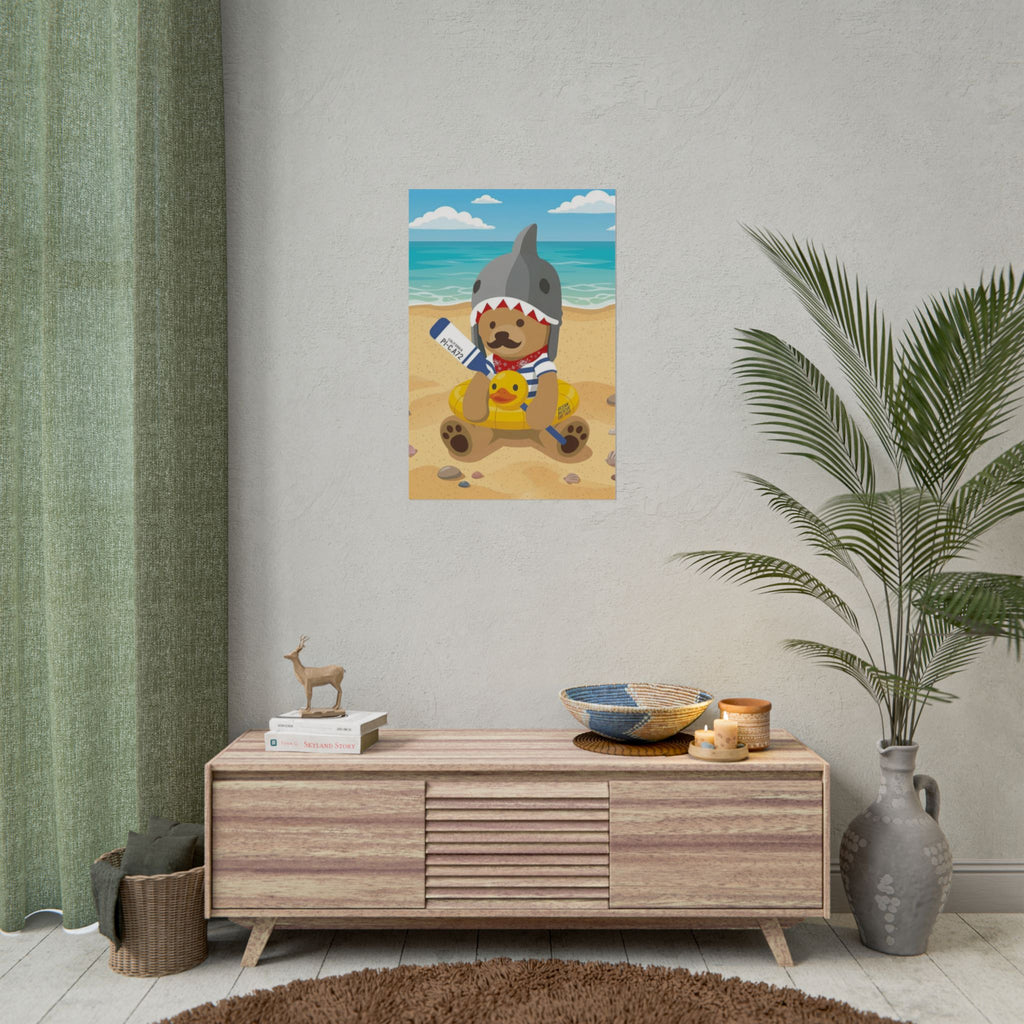 Bear in Shark Hat and ducky lifebuoy Beach Poster | Rolled Poster, Cute Summer Animal Wall Art