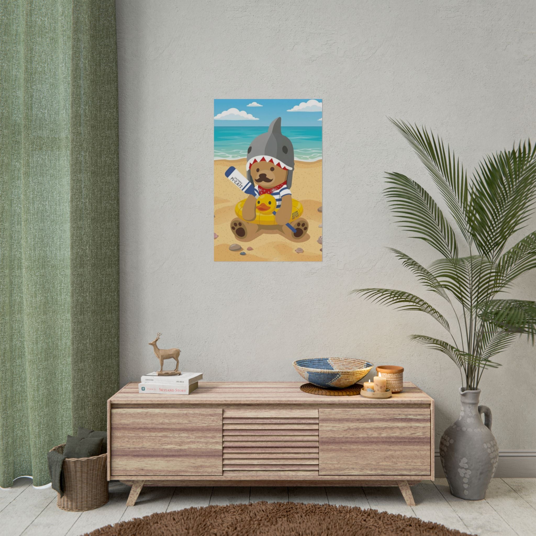 Bear in Shark Hat and ducky lifebuoy Beach Poster | Rolled Poster, Cute Summer Animal Wall Art