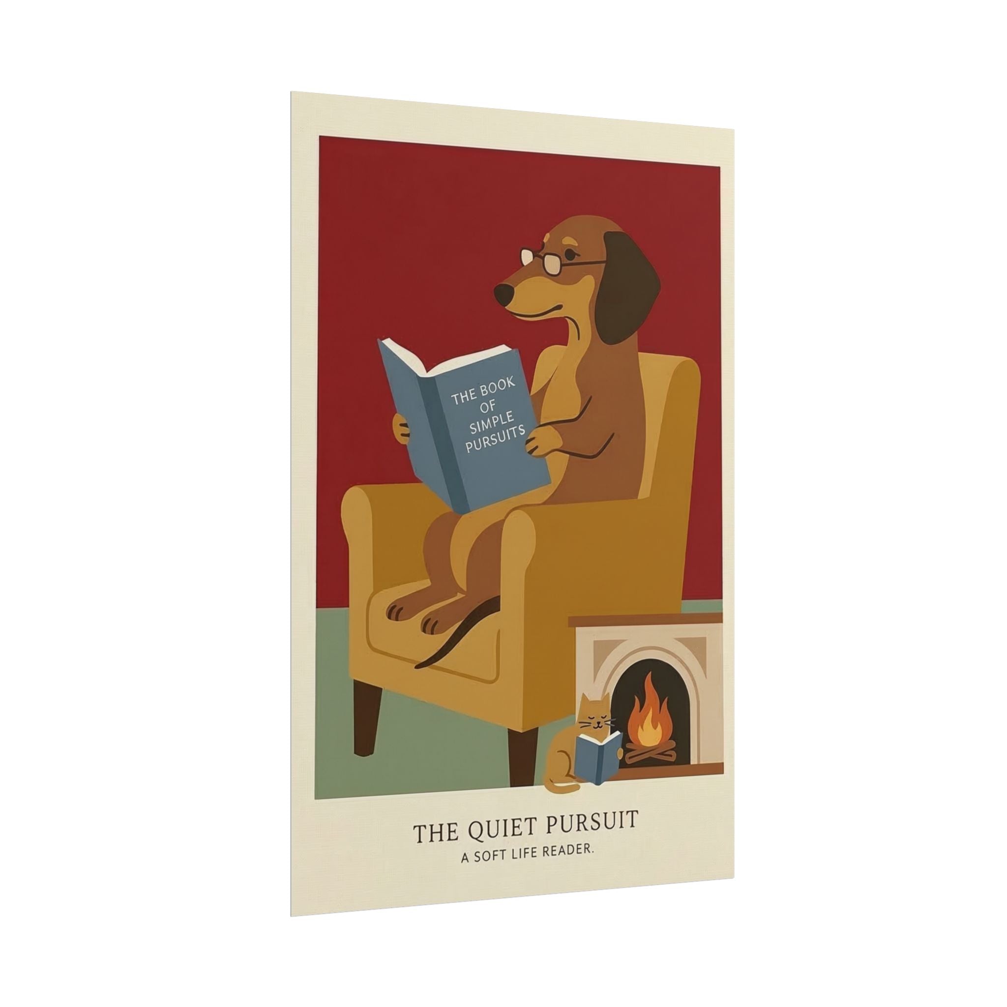 The Quiet Pursuit Reading Dog Rolled Poster | Booklover Wall Art, Fireplace Illustration