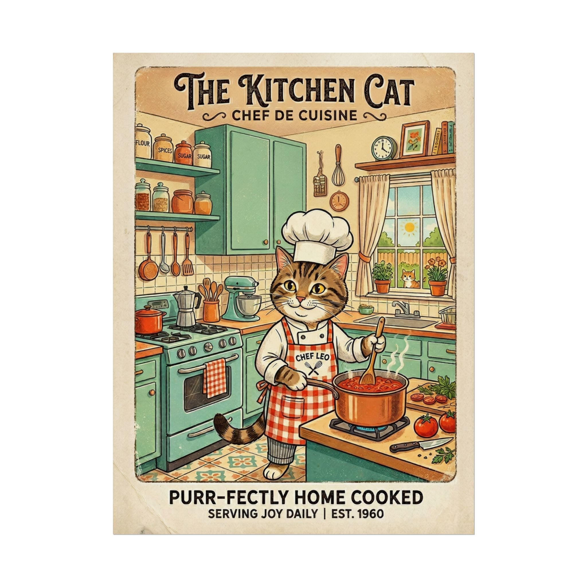 The Kitchen Cat retro kitchen Poster | Vintage kitchen cat chef poster