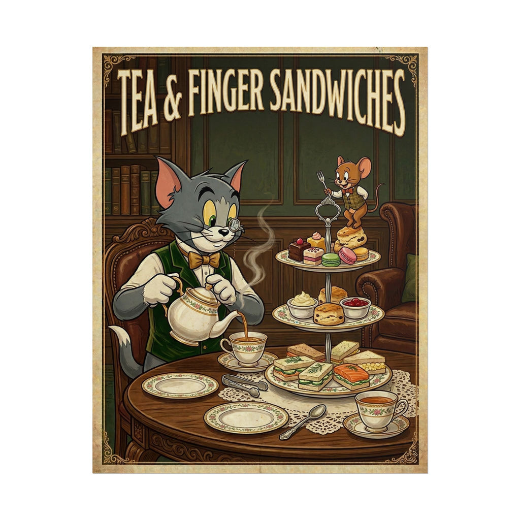 Cat & Mouse Tea and Finger Sandwiches Poster | Vintage Cartoon Tea Party Wall Art
