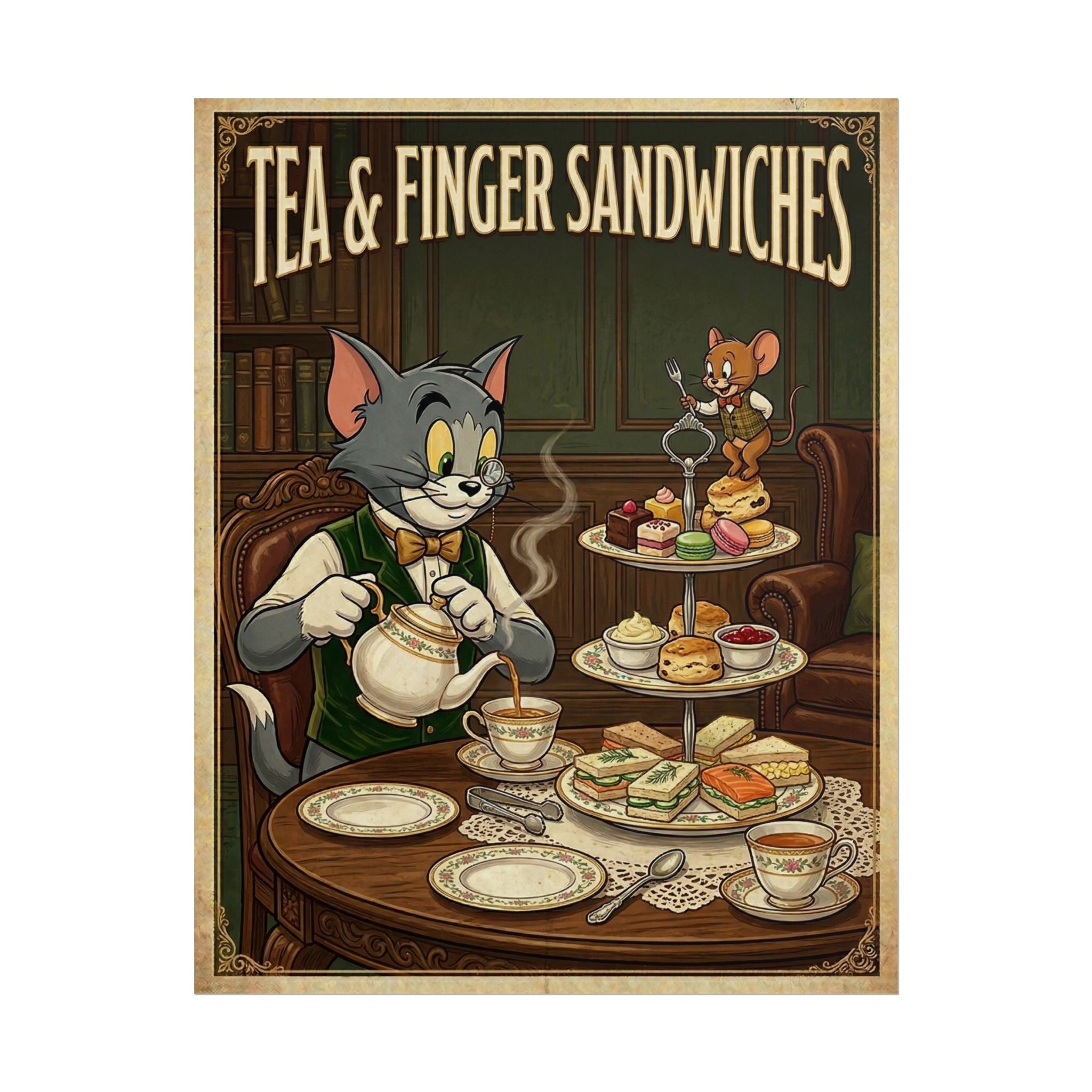 Cat & Mouse Tea and Finger Sandwiches Poster | Vintage Cartoon Tea Party Wall Art