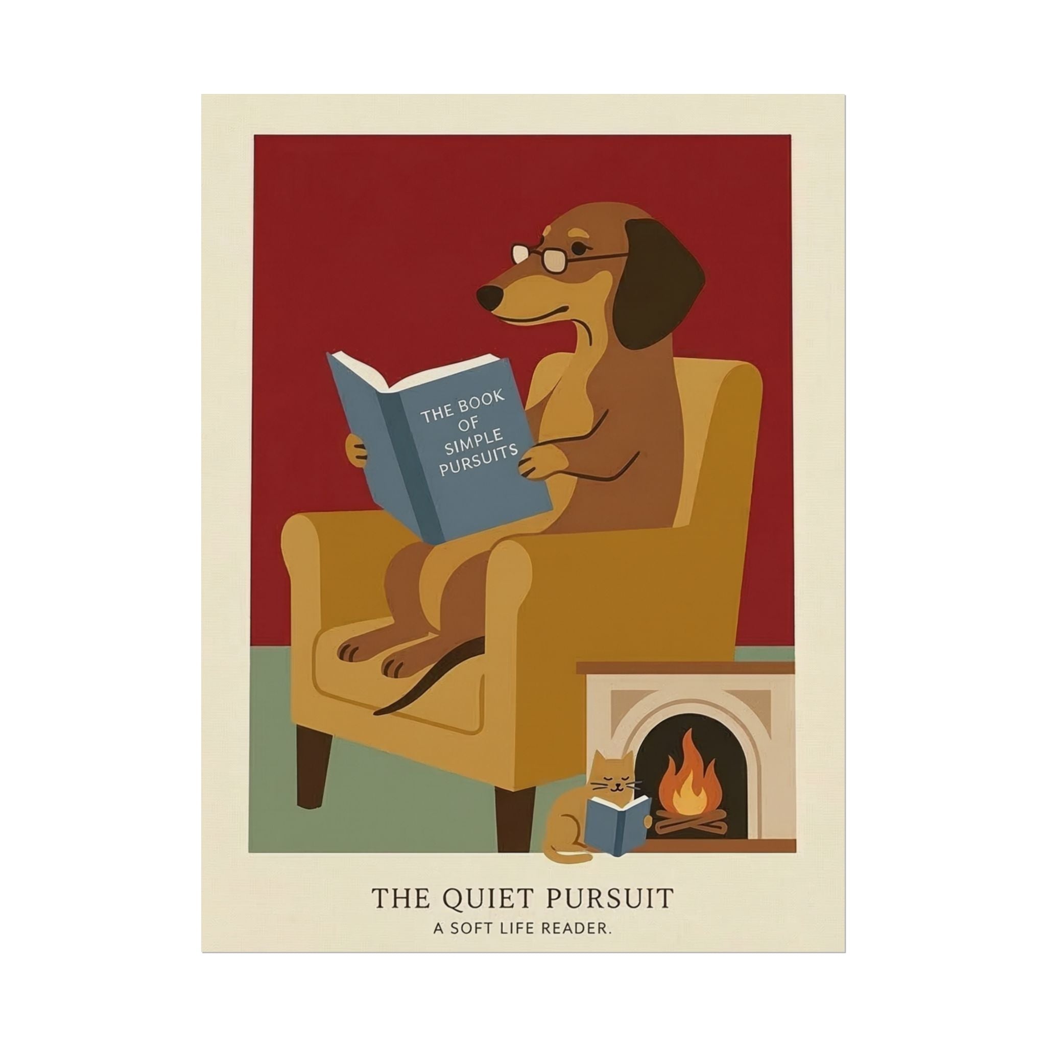The Quiet Pursuit Reading Dog Rolled Poster | Booklover Wall Art, Fireplace Illustration