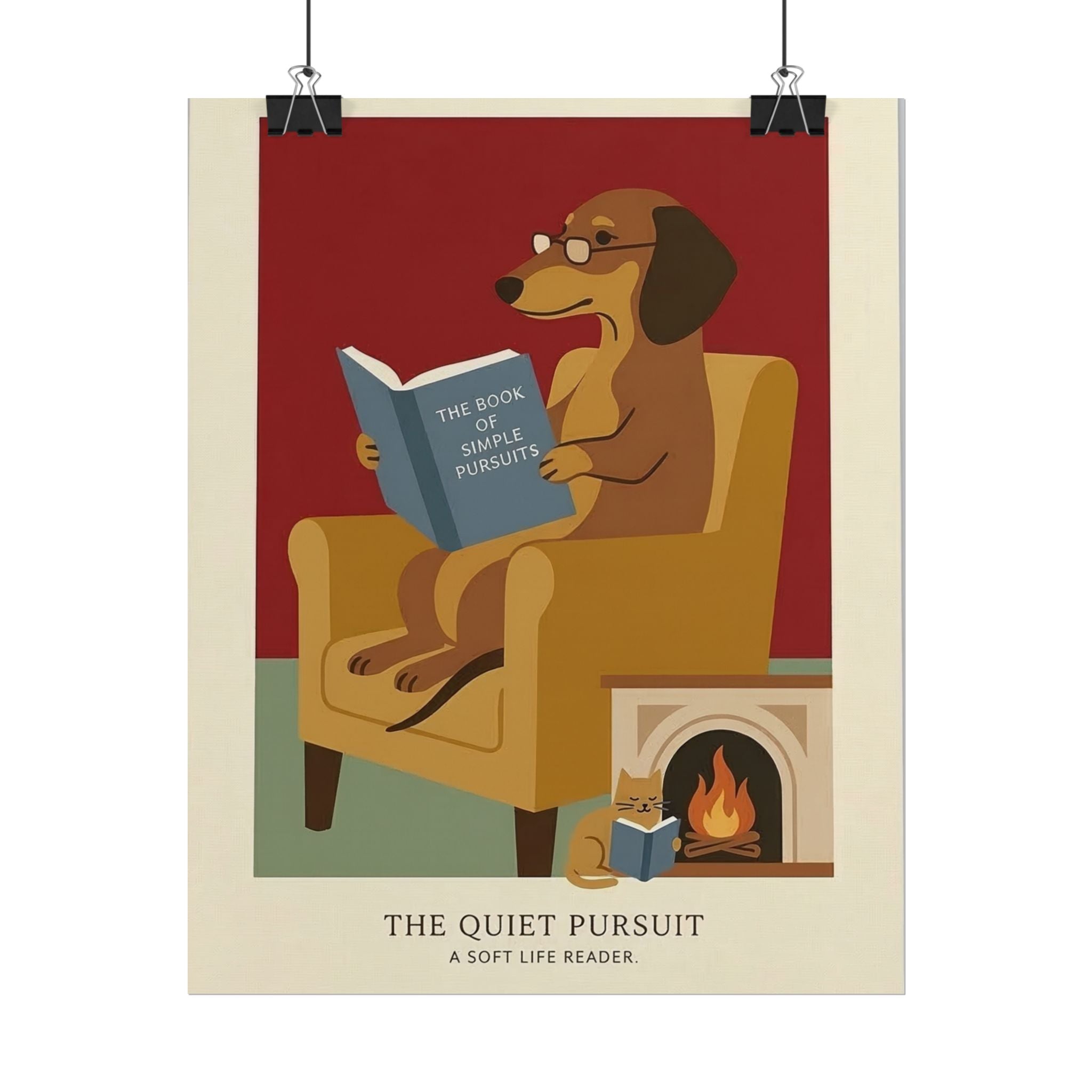 The Quiet Pursuit Reading Dog Rolled Poster | Booklover Wall Art, Fireplace Illustration
