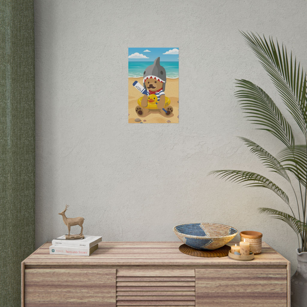 Bear in Shark Hat and ducky lifebuoy Beach Poster | Rolled Poster, Cute Summer Animal Wall Art