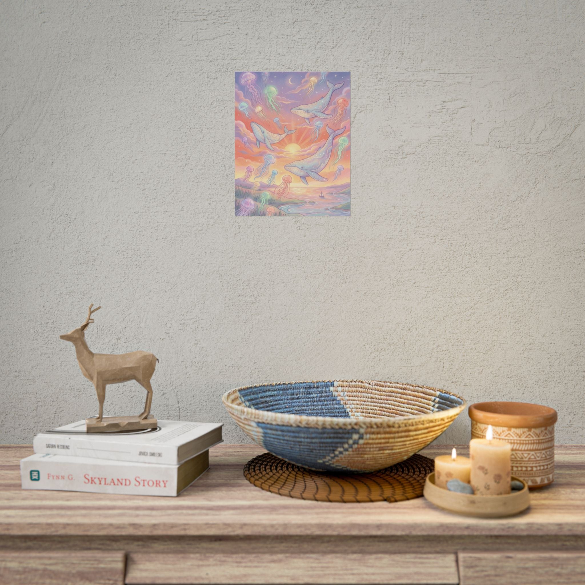 Whale and Jellyfish Sunset Whimsical Rolled Poster | Ocean Fantasy Wall Art