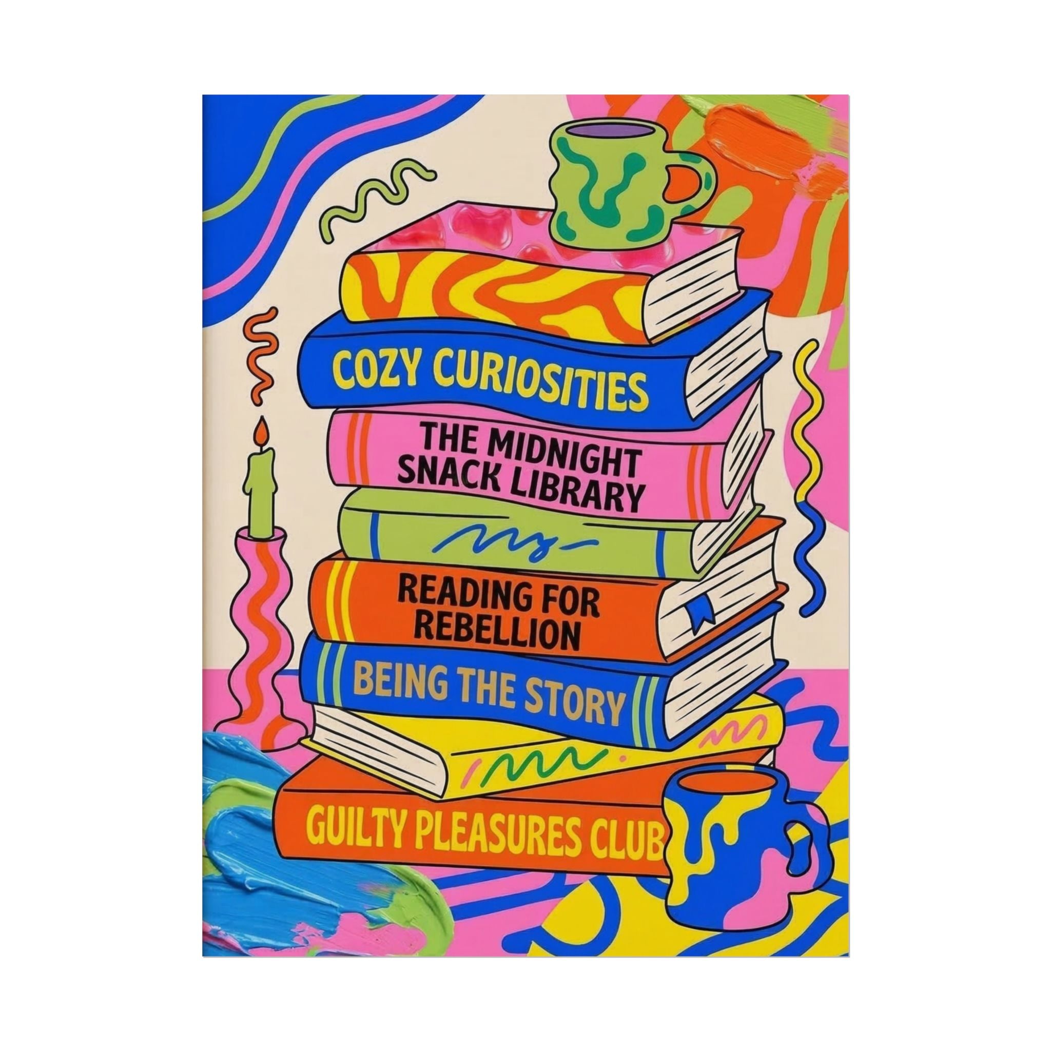 Cozy Curiosities Book Stack Rolled Poster | Colorful Reading Art Print