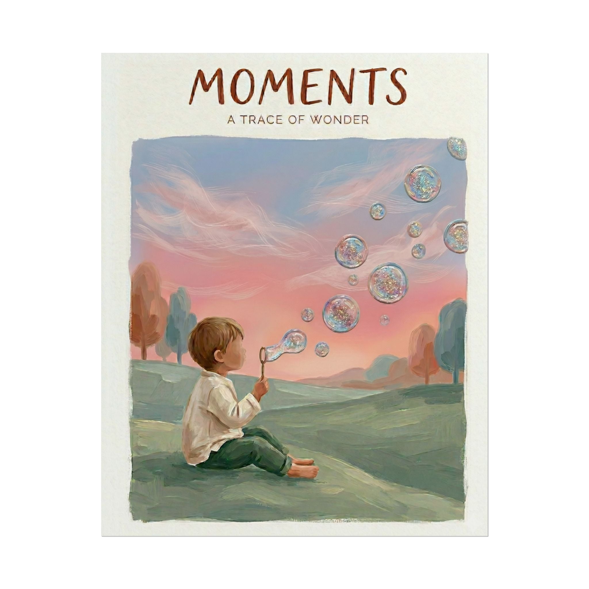 Moments A Trace of Wonder poster Rolled Poster | Child blowing bubbles illustration