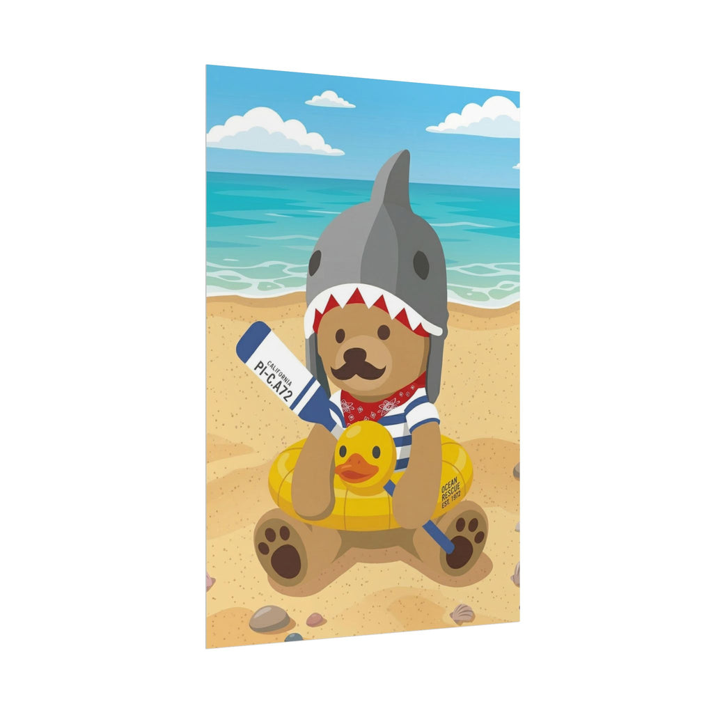 Bear in Shark Hat and ducky lifebuoy Beach Poster | Rolled Poster, Cute Summer Animal Wall Art