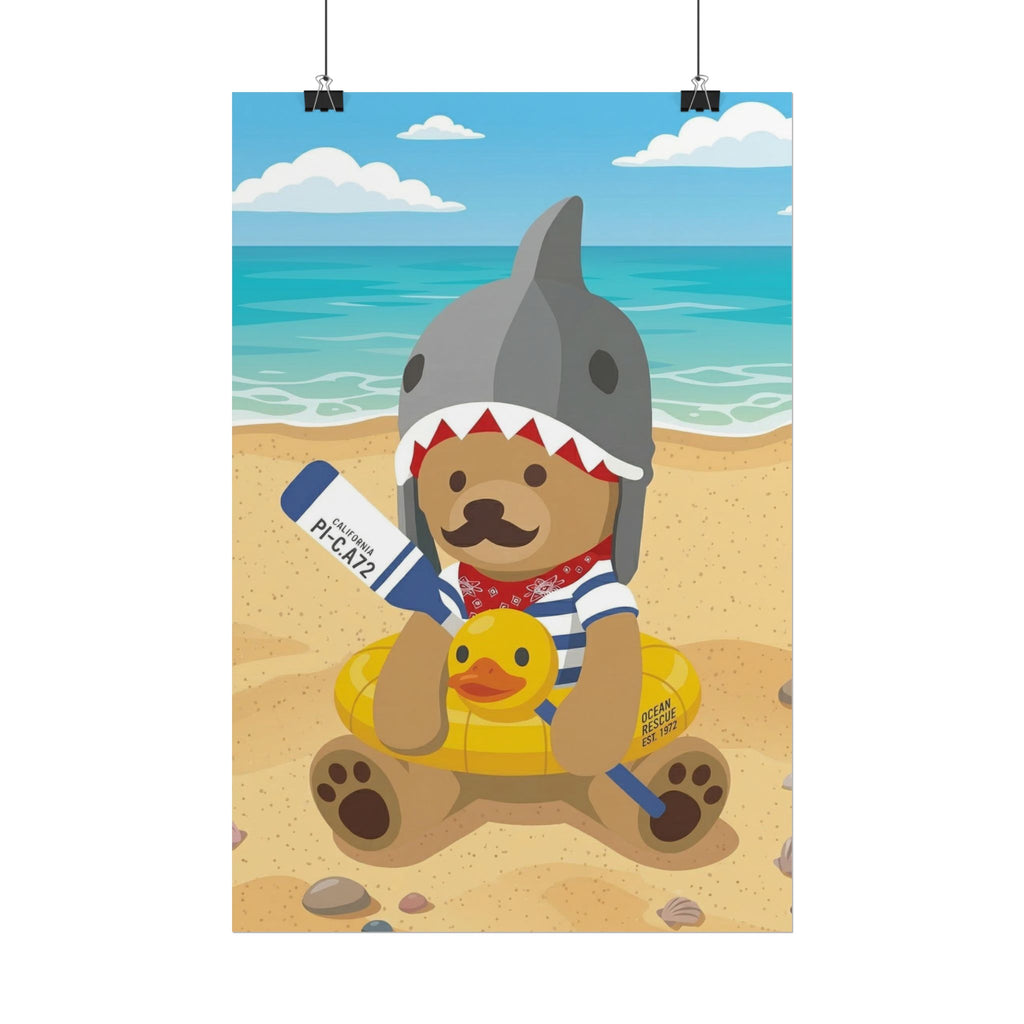 Bear in Shark Hat and ducky lifebuoy Beach Poster | Rolled Poster, Cute Summer Animal Wall Art