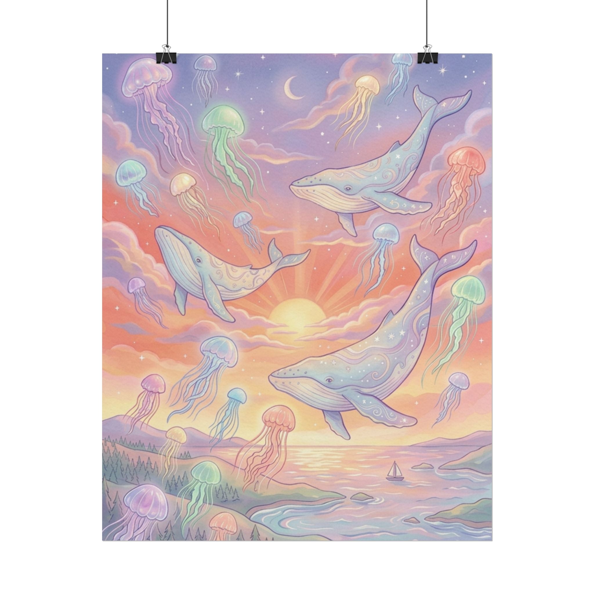 Whale and Jellyfish Sunset Whimsical Rolled Poster | Ocean Fantasy Wall Art