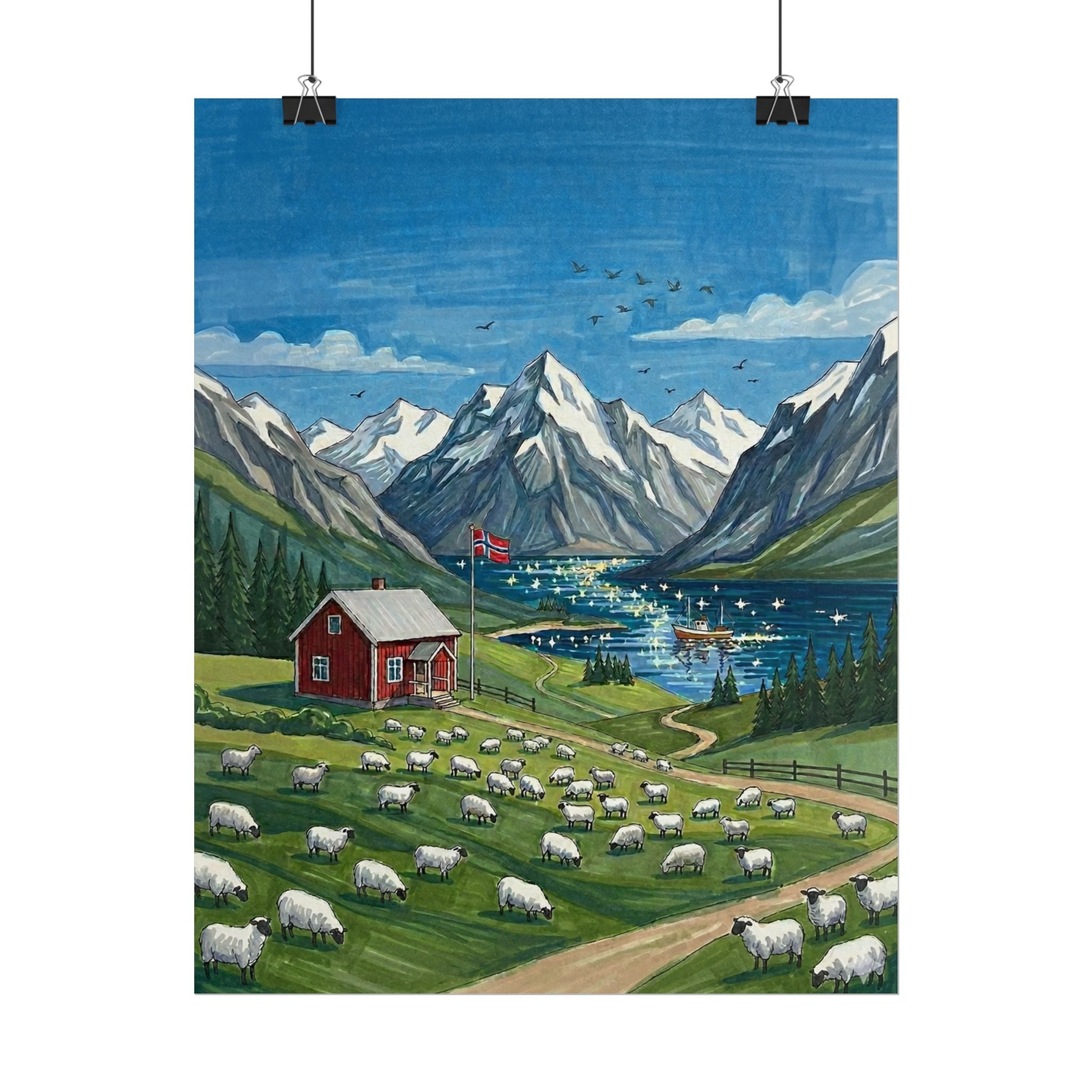 Norwegian Fjord Sheep Pasture Rolled Poster | Mountain Lake Landscape