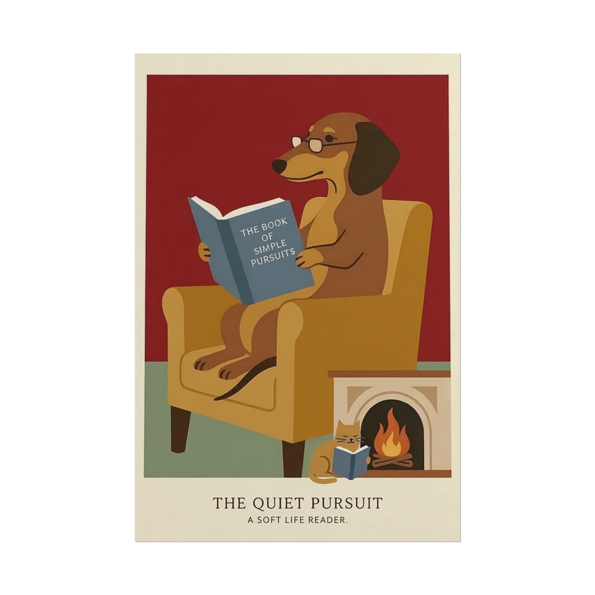 The Quiet Pursuit Reading Dog Rolled Poster | Booklover Wall Art, Fireplace Illustration