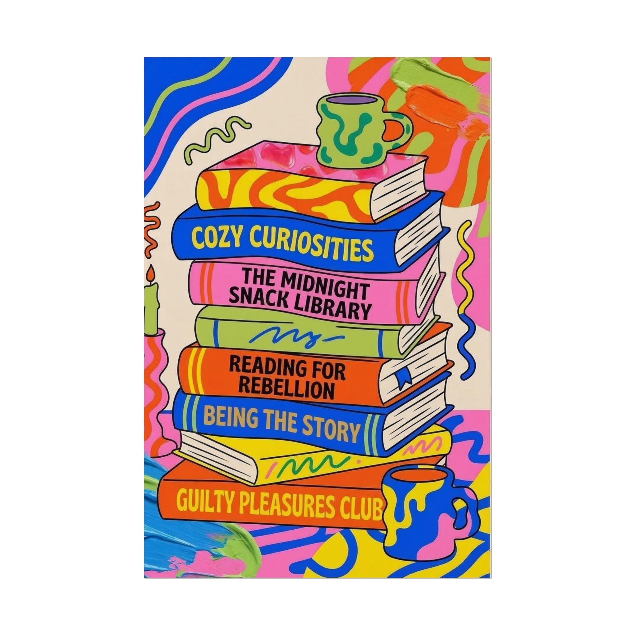 Cozy Curiosities Book Stack Rolled Poster | Colorful Reading Art Print