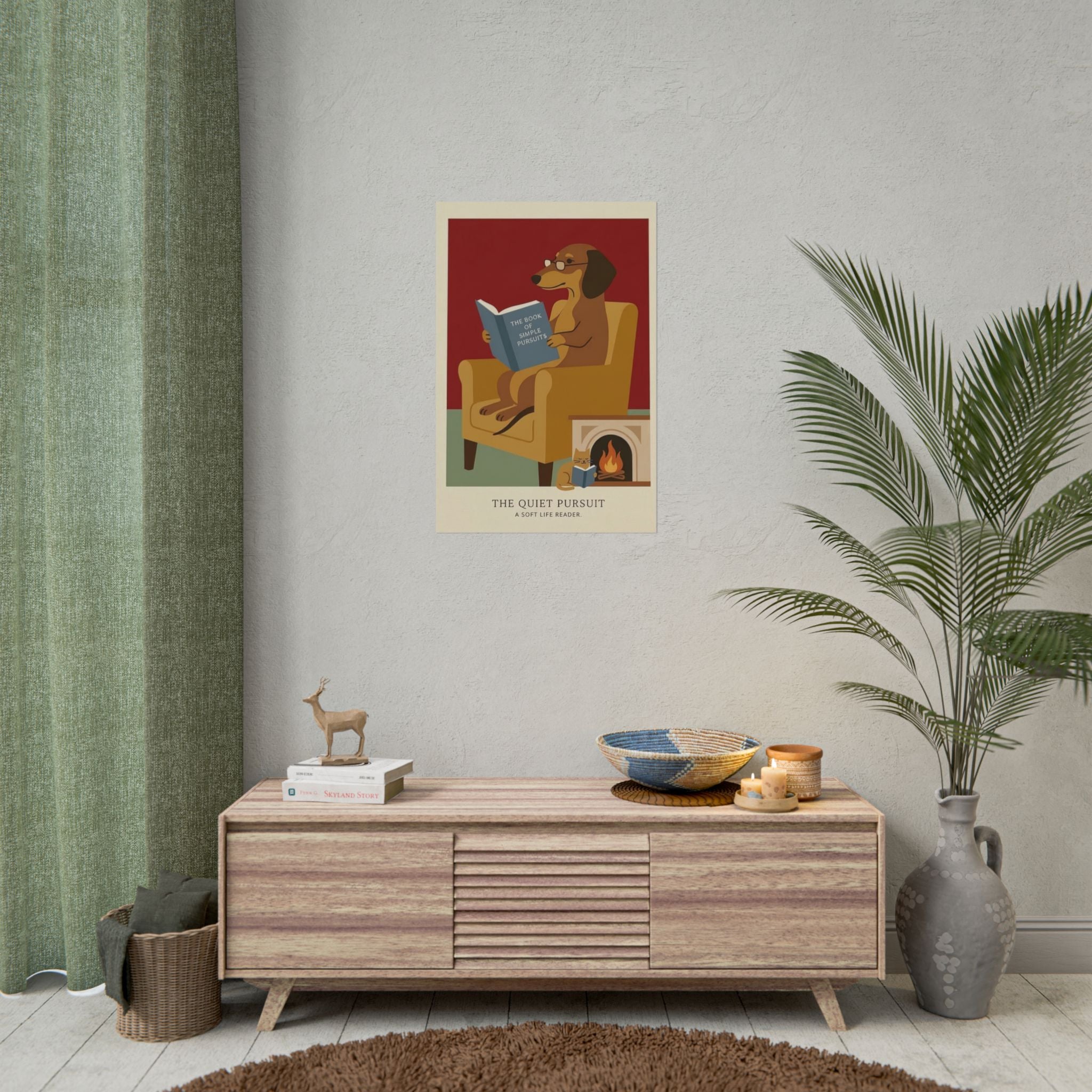 The Quiet Pursuit Reading Dog Rolled Poster | Booklover Wall Art, Fireplace Illustration