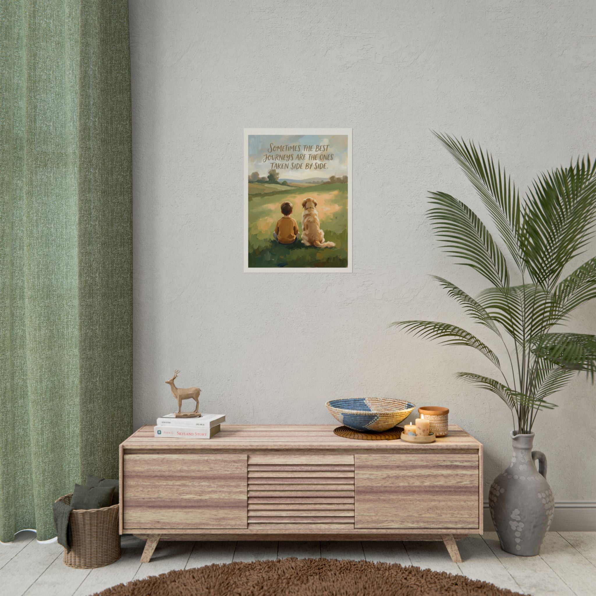 Boy and Dog Watching Sunset Rolled Poster | Minimalistic acrylic art poster