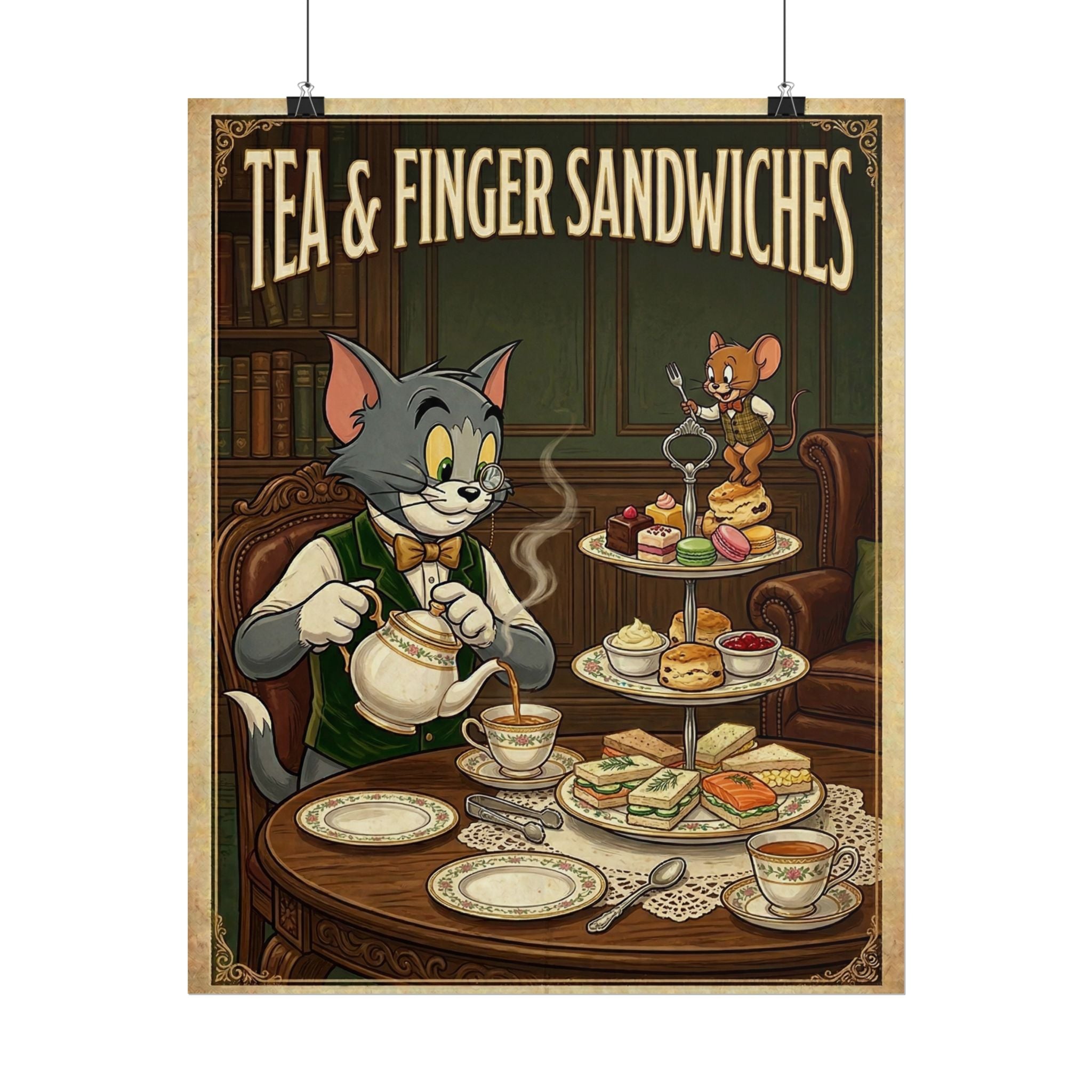 Cat & Mouse Tea and Finger Sandwiches Poster | Vintage Cartoon Tea Party Wall Art