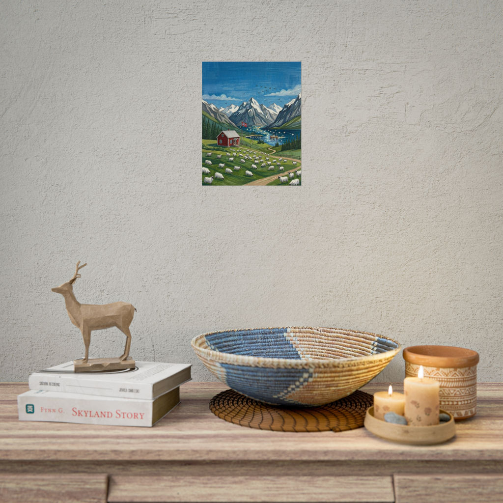 Norwegian Fjord Sheep Pasture Rolled Poster | Mountain Lake Landscape