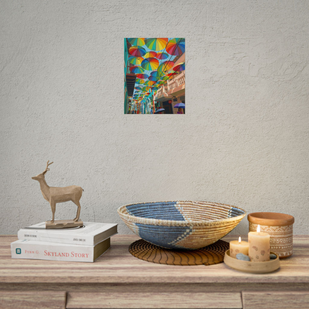 Colorful Hanging Umbrellas Rolled Poster | Rainbow Street Art Print