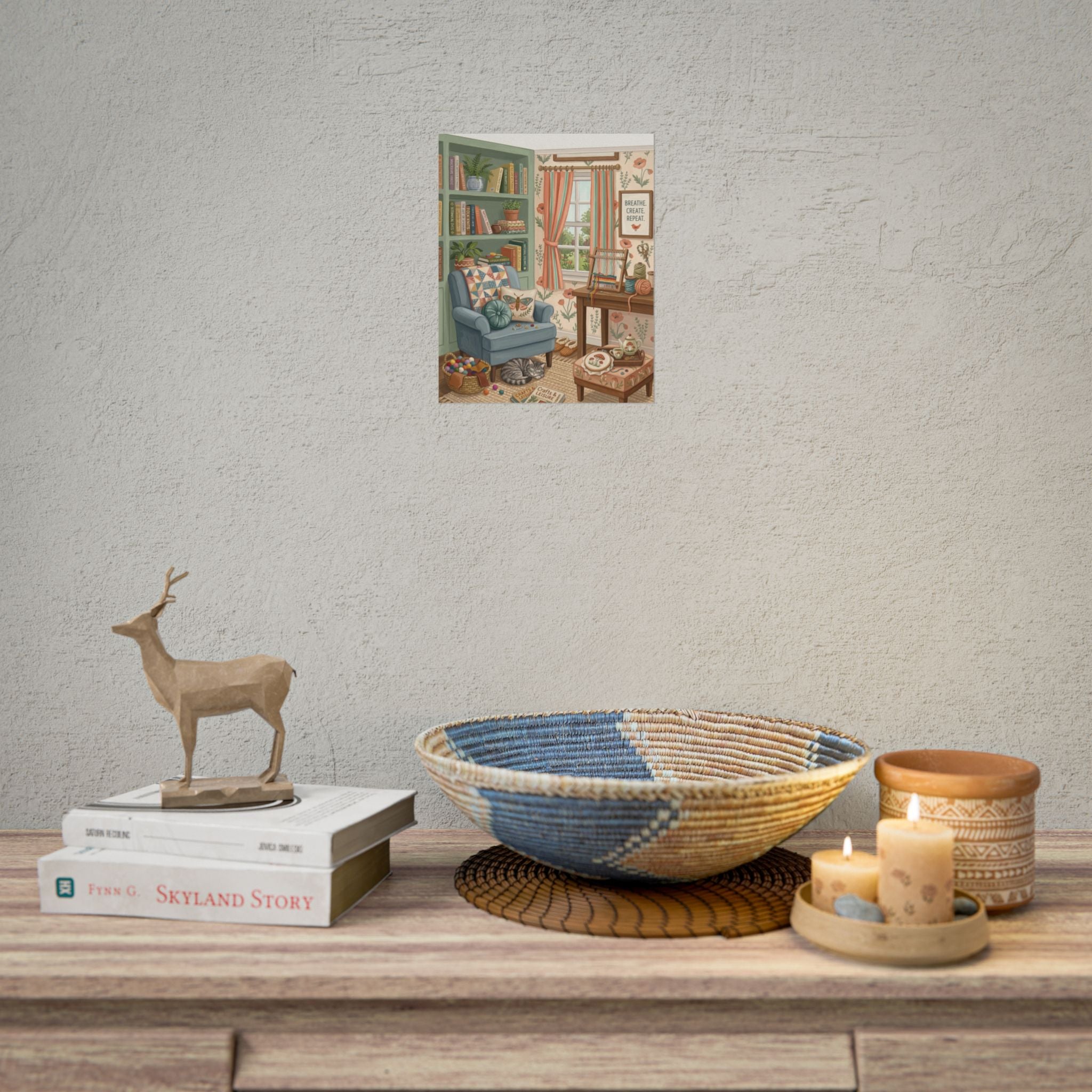 Homely Knitting Nook Poster Rolled Posters | Cat, Armchair, Bookshelf