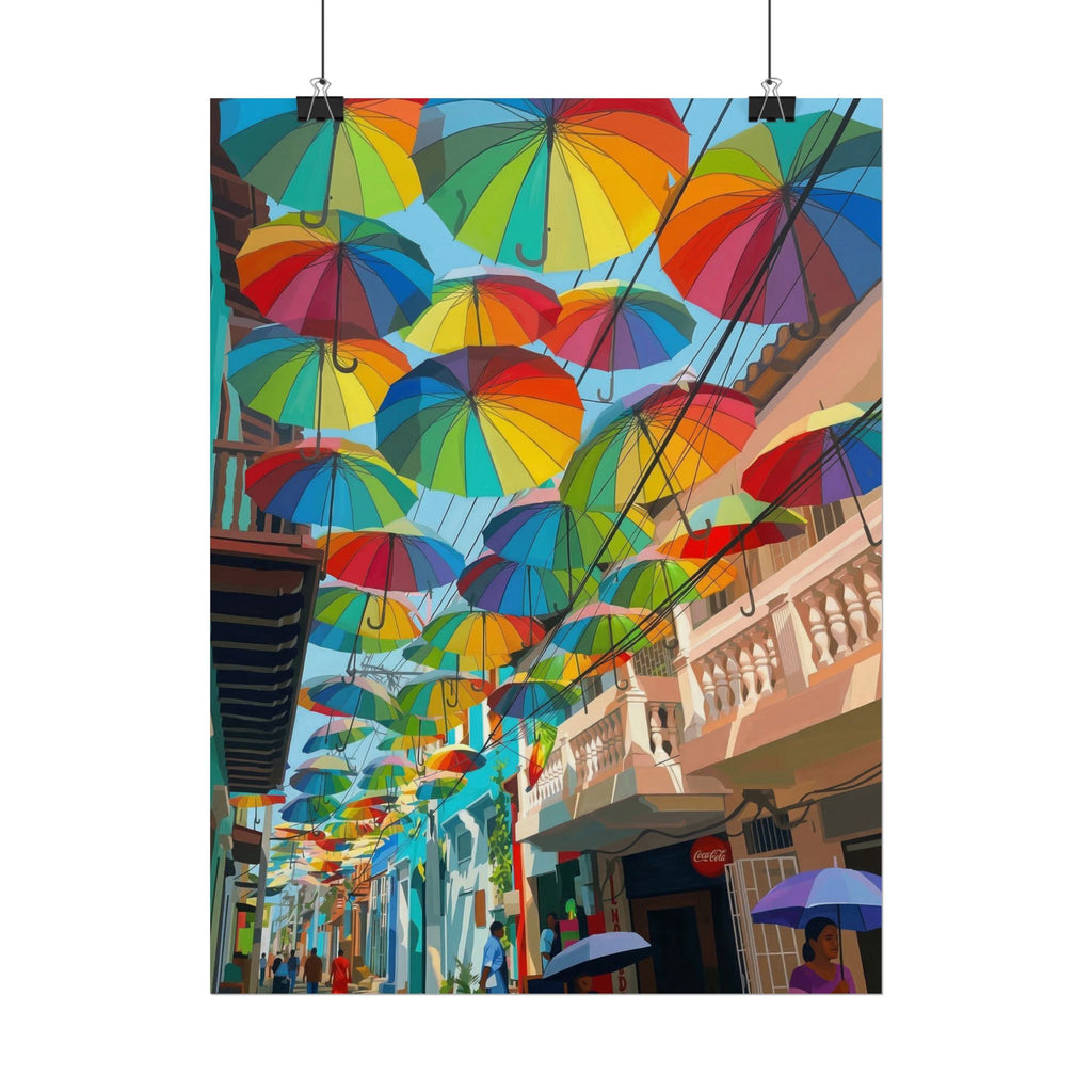 Colorful Hanging Umbrellas Rolled Poster | Rainbow Street Art Print
