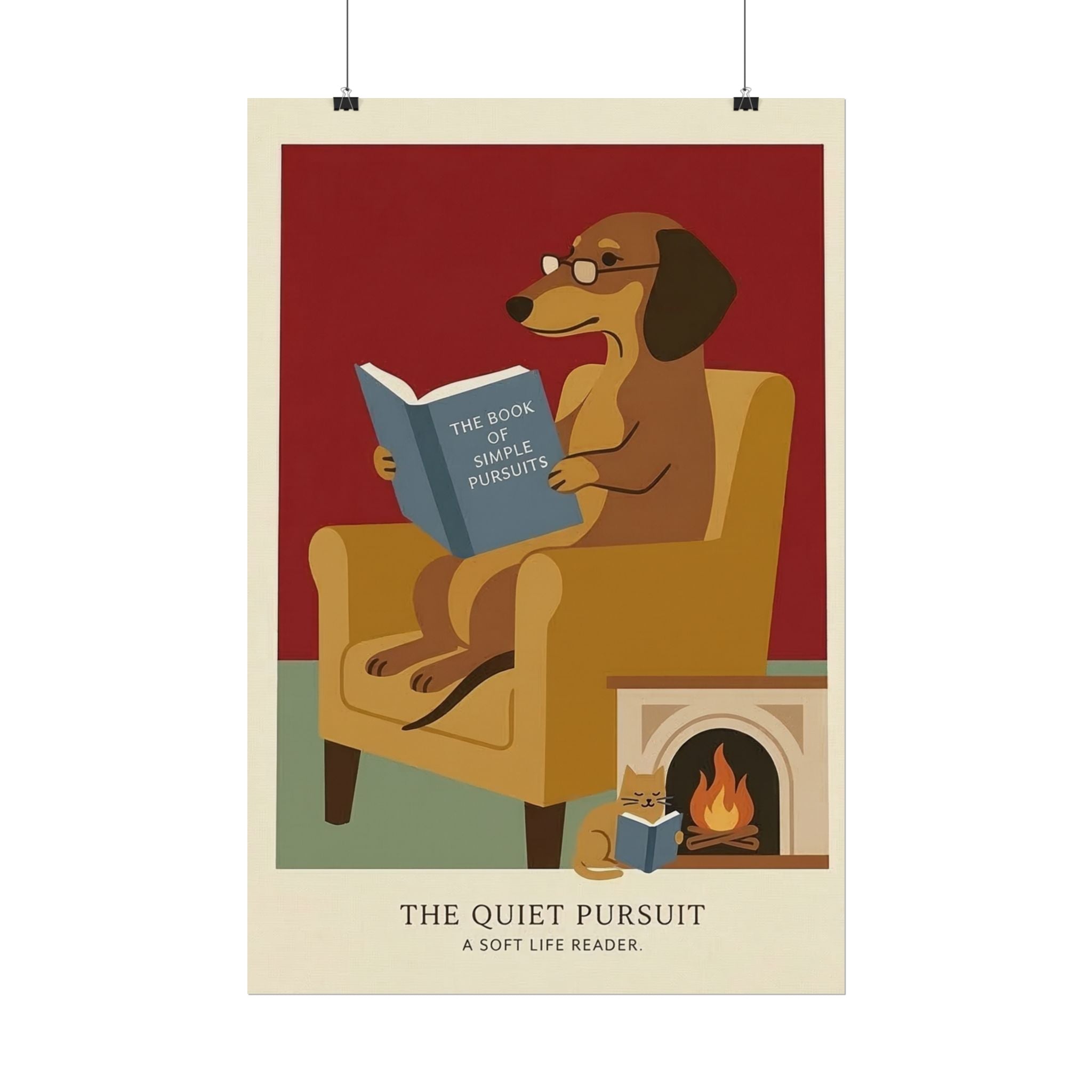 The Quiet Pursuit Reading Dog Rolled Poster | Booklover Wall Art, Fireplace Illustration