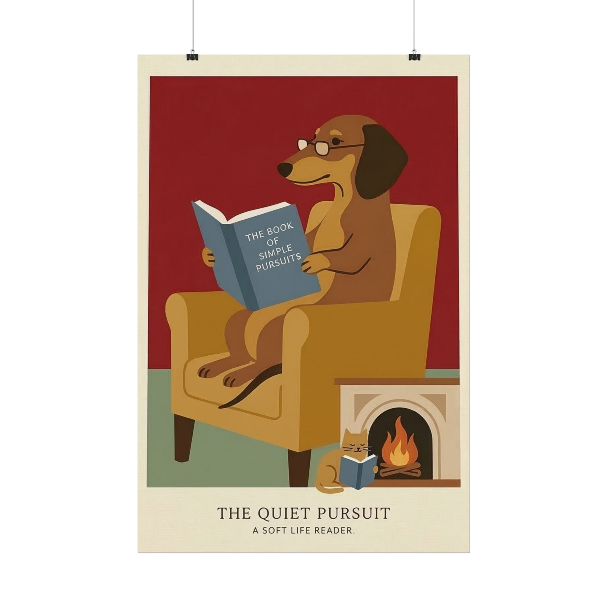 The Quiet Pursuit Reading Dog Rolled Poster | Booklover Wall Art, Fireplace Illustration