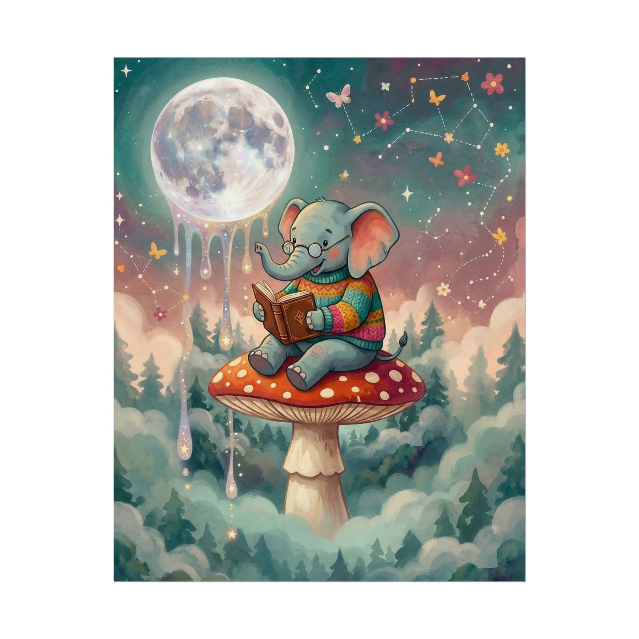 Elephant Reading on Mushroom Rolled Posters | Whimsical Night Sky Illustration