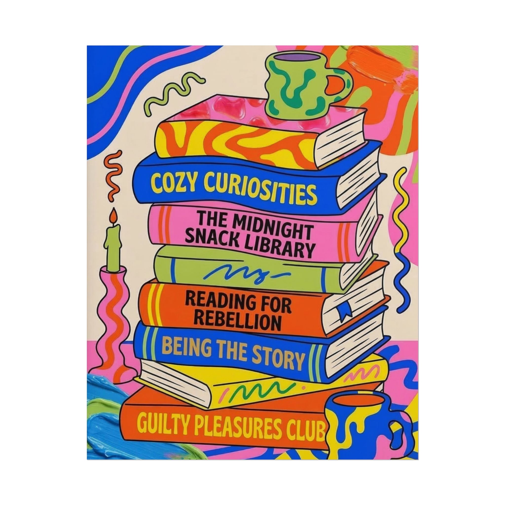 Cozy Curiosities Book Stack Rolled Poster | Colorful Reading Art Print