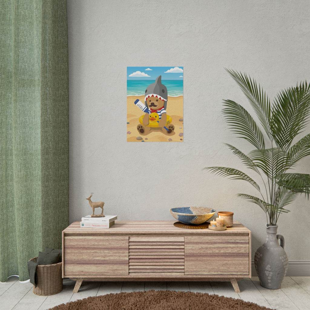 Bear in Shark Hat and ducky lifebuoy Beach Poster | Rolled Poster, Cute Summer Animal Wall Art