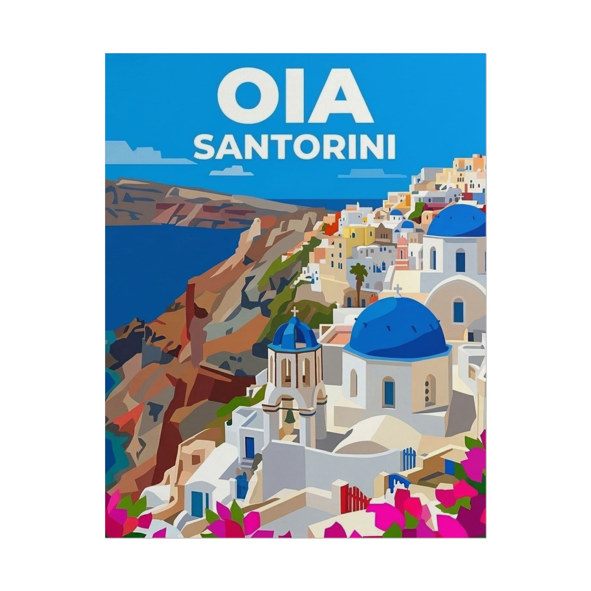 Poster of Oia Santorini with blue domed churches and colorful buildings.